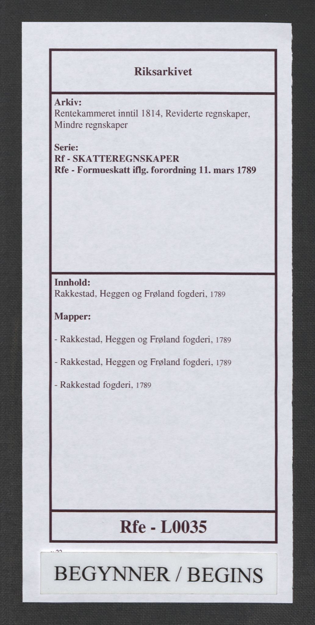 Rentekammeret inntil 1814, Reviderte regnskaper, Mindre regnskaper, RA/EA-4068/Rf/Rfe/L0035: Rakkestad, Heggen og Frøland fogderi, 1789, s. 1