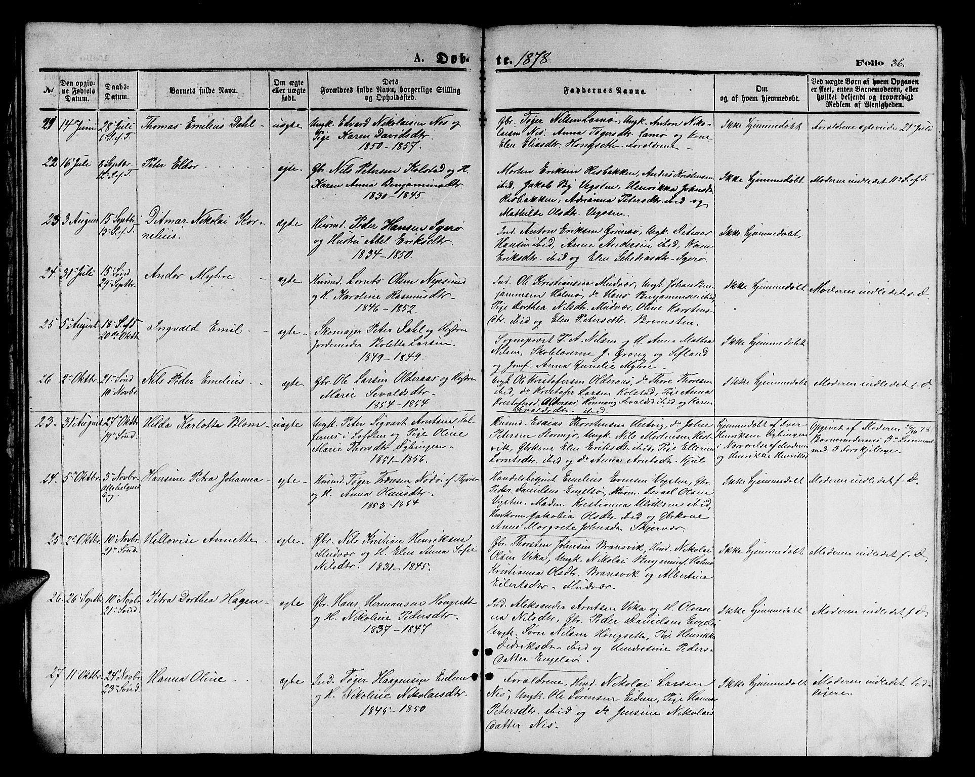 Ministerialprotokoller, klokkerbøker og fødselsregistre - Nordland, AV/SAT-A-1459/816/L0252: Klokkerbok nr. 816C02, 1871-1885, s. 36