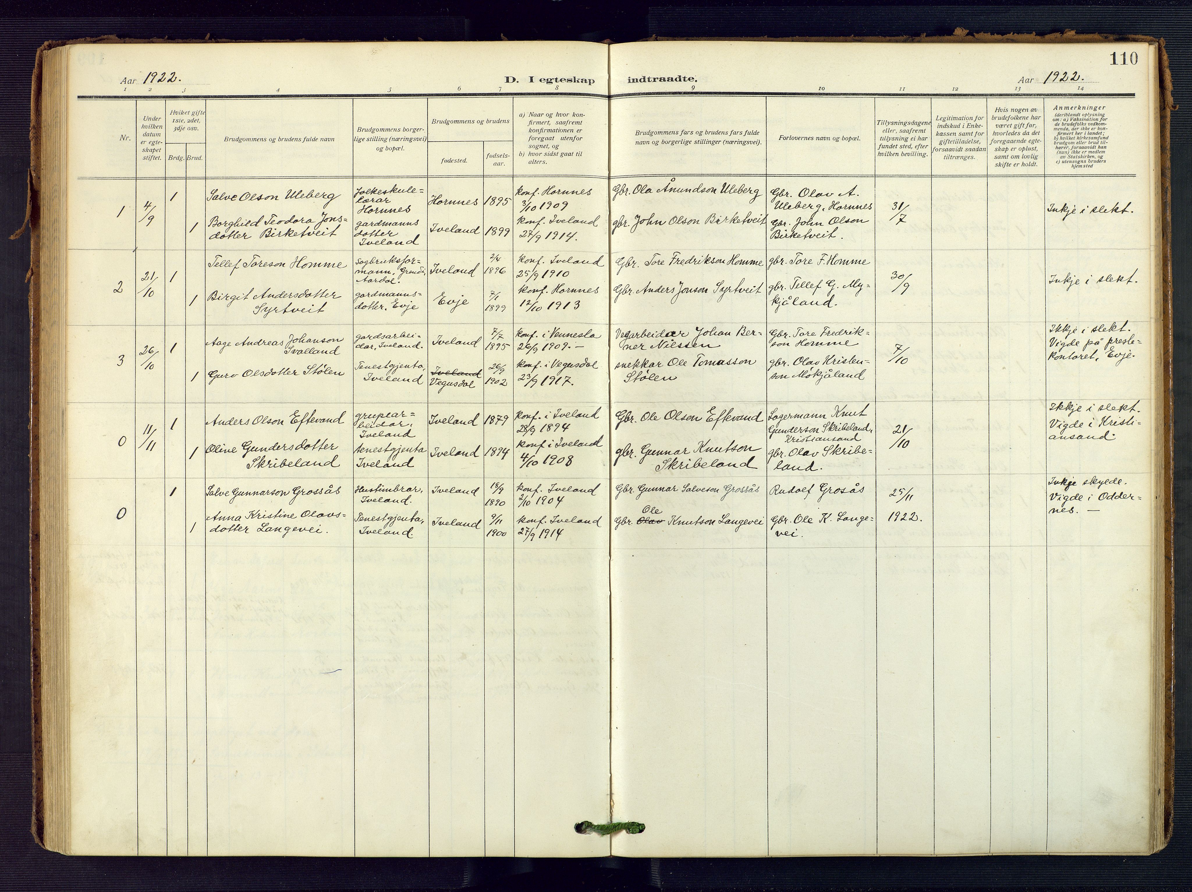 Evje sokneprestkontor, SAK/1111-0008/F/Fa/Fac/L0004: Ministerialbok nr. A 4, 1910-1932, s. 110