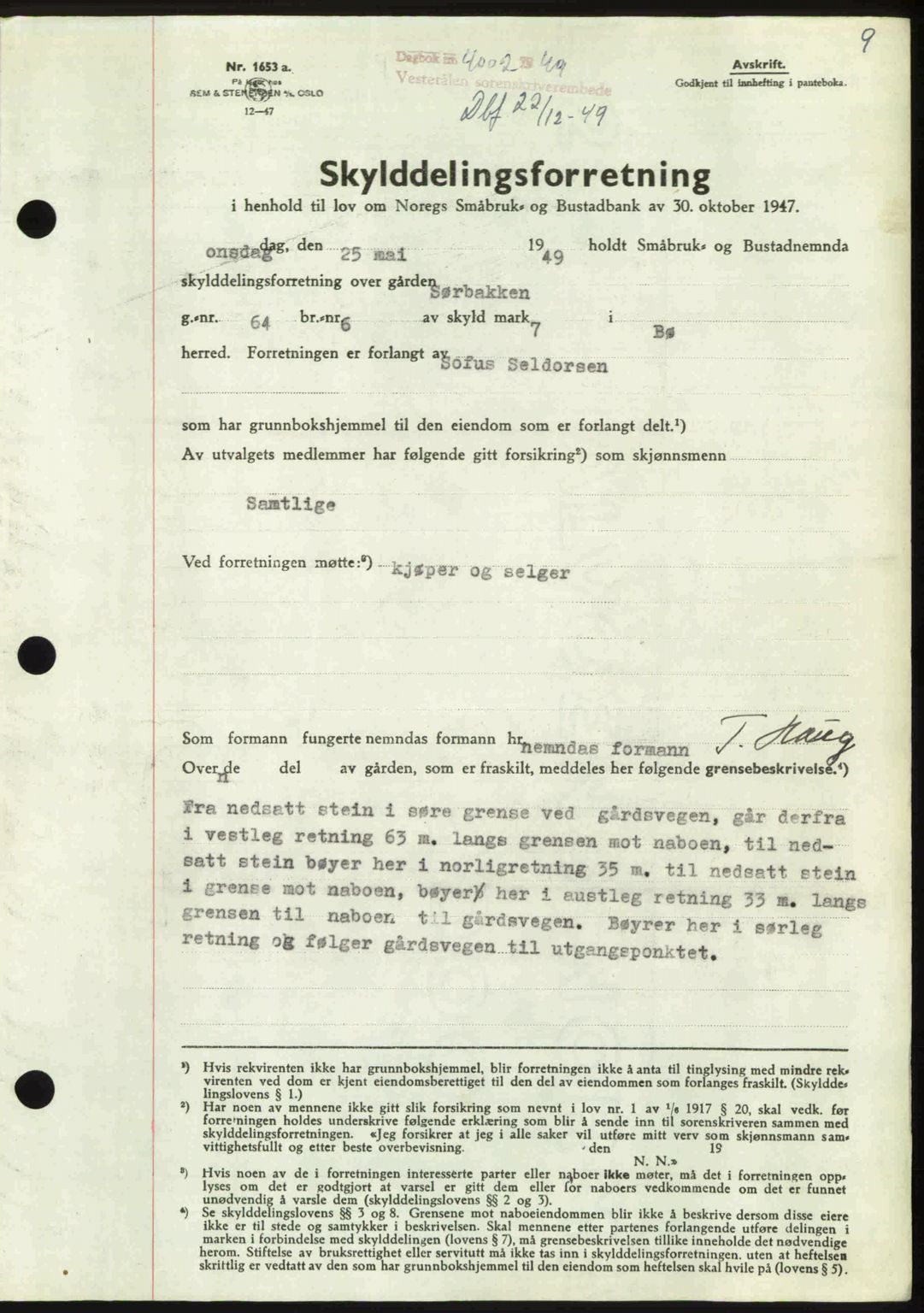 Vesterålen sorenskriveri, AV/SAT-A-4180/1/2/2Ca: Pantebok nr. A27, 1949-1950, Dagboknr: 4002/1949