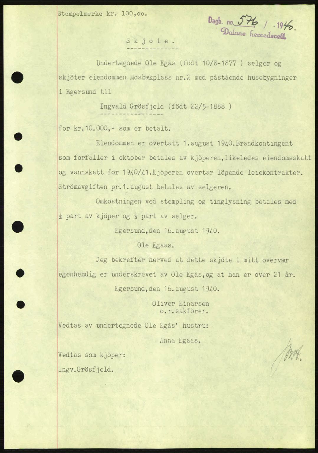 Dalane sorenskriveri, SAST/A-100309/02/G/Gb/L0044: Pantebok nr. A5, 1940-1941, Dagboknr: 576/1940