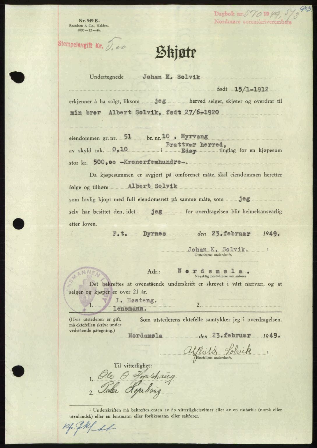 Nordmøre sorenskriveri, SAT/A-4132/1/2/2Ca: Pantebok nr. A110, 1948-1949, Dagboknr: 570/1949