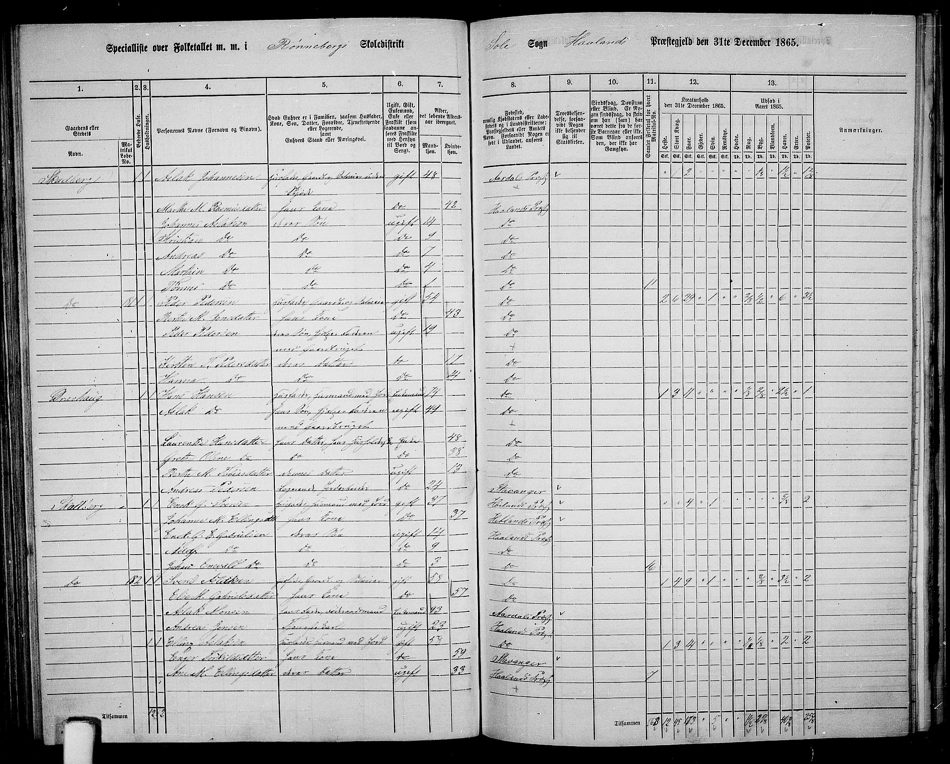 RA, Folketelling 1865 for 1124P Håland prestegjeld, 1865, s. 87