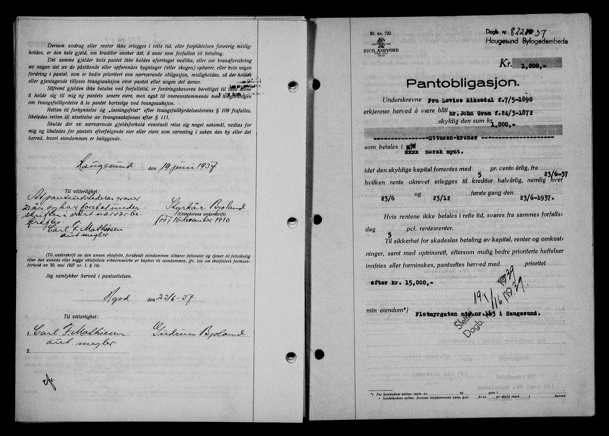 Haugesund tingrett, AV/SAST-A-101415/01/II/IIC/L0031: Pantebok nr. 31, 1936-1938, Dagboknr: 822/1937