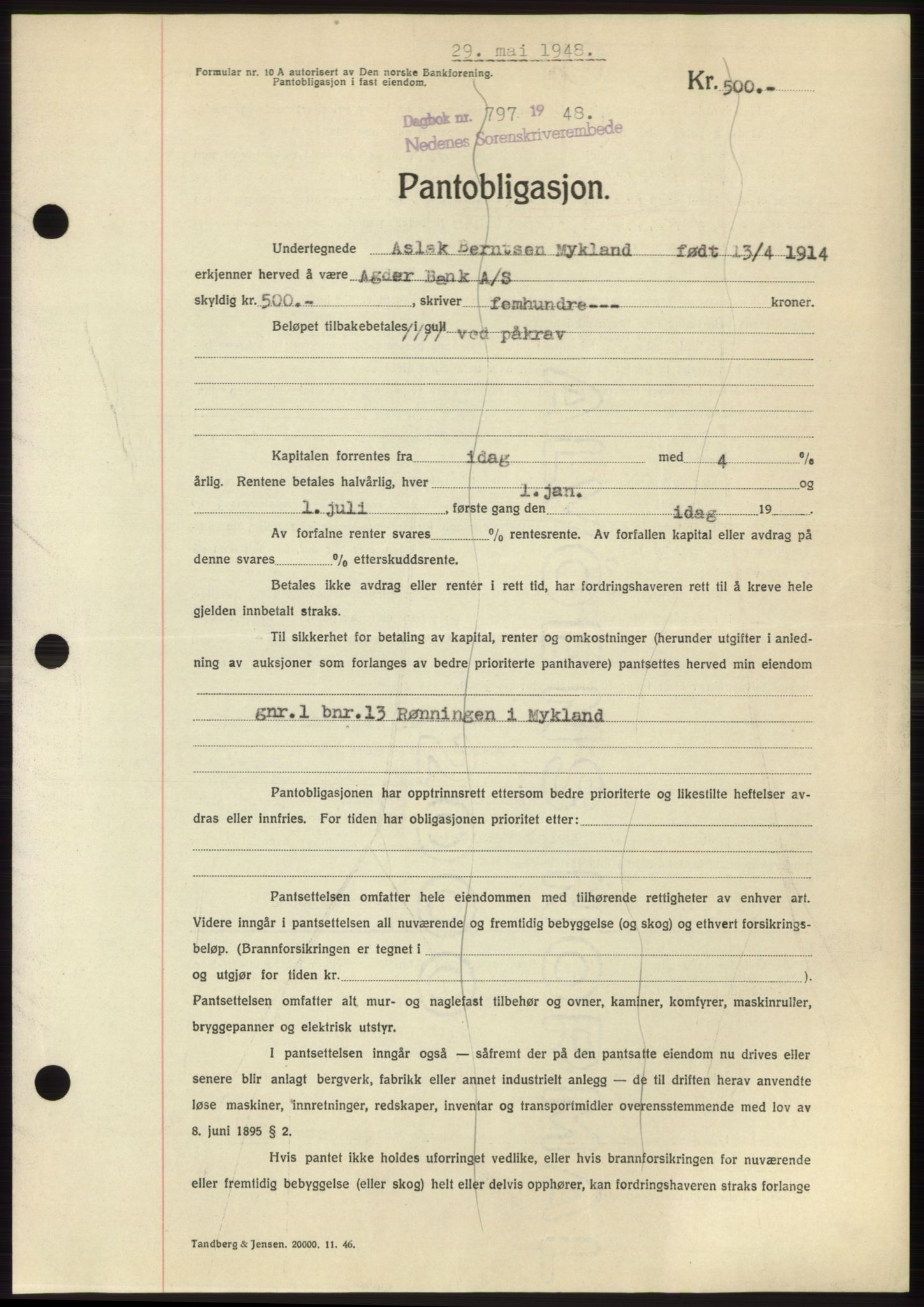 Nedenes sorenskriveri, AV/SAK-1221-0006/G/Gb/Gbb/L0005: Pantebok nr. B5, 1948-1948, Dagboknr: 797/1948