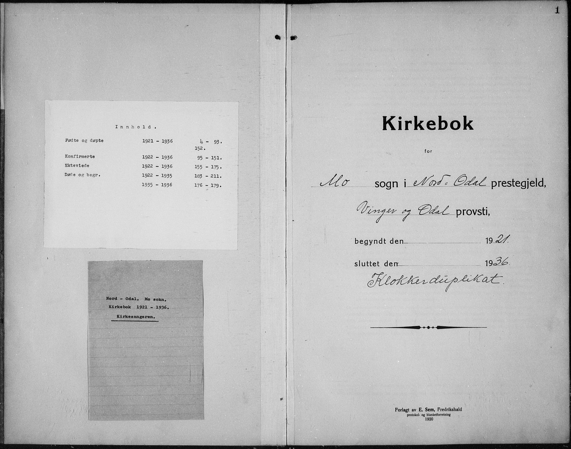 Nord-Odal prestekontor, SAH/PREST-032/H/Ha/Hab/L0004: Klokkerbok nr. 4, 1921-1936, s. 1