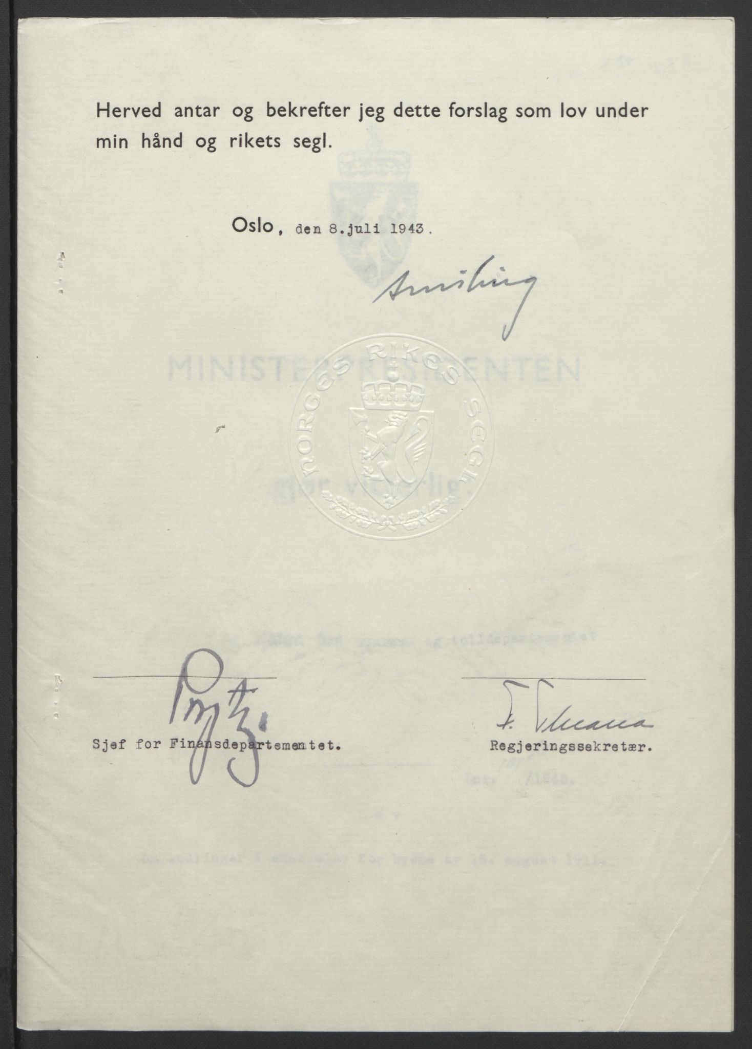 NS-administrasjonen 1940-1945 (Statsrådsekretariatet, de kommisariske statsråder mm), AV/RA-S-4279/D/Db/L0099: Lover, 1943, s. 473