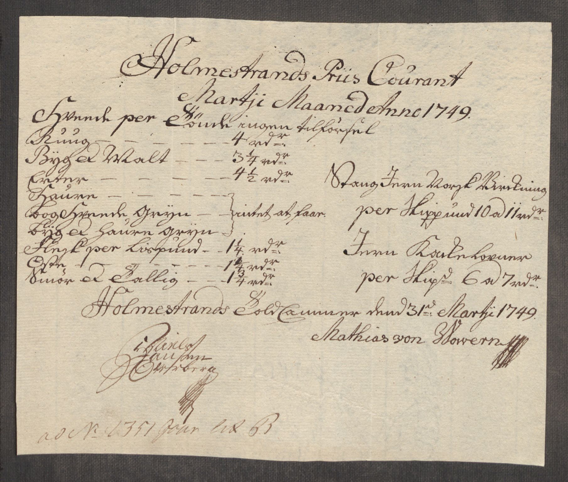 Rentekammeret inntil 1814, Realistisk ordnet avdeling, AV/RA-EA-4070/Oe/L0004: [Ø1]: Priskuranter, 1749-1752, s. 71