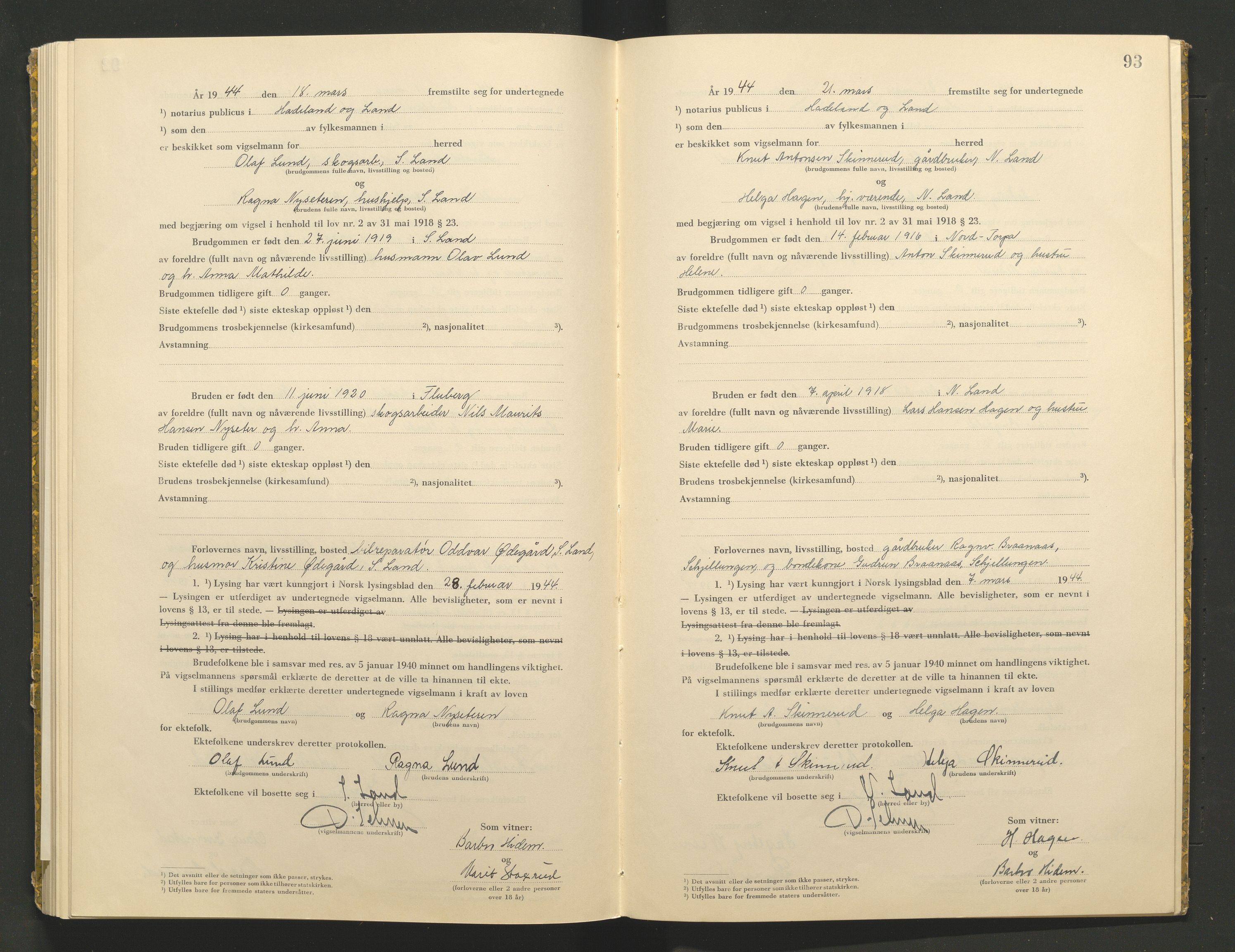 Hadeland og Land tingrett, AV/SAH-TING-010/L/Lb/L0002: Vigselbok, 1943-1944, s. 93