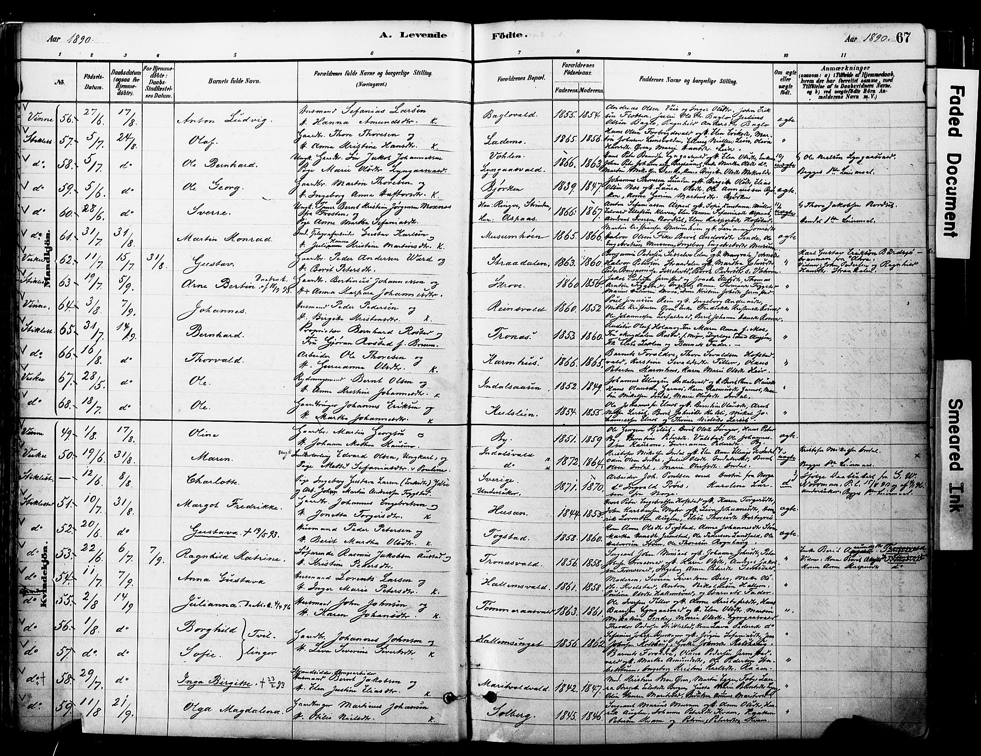 Ministerialprotokoller, klokkerbøker og fødselsregistre - Nord-Trøndelag, AV/SAT-A-1458/723/L0244: Ministerialbok nr. 723A13, 1881-1899, s. 67