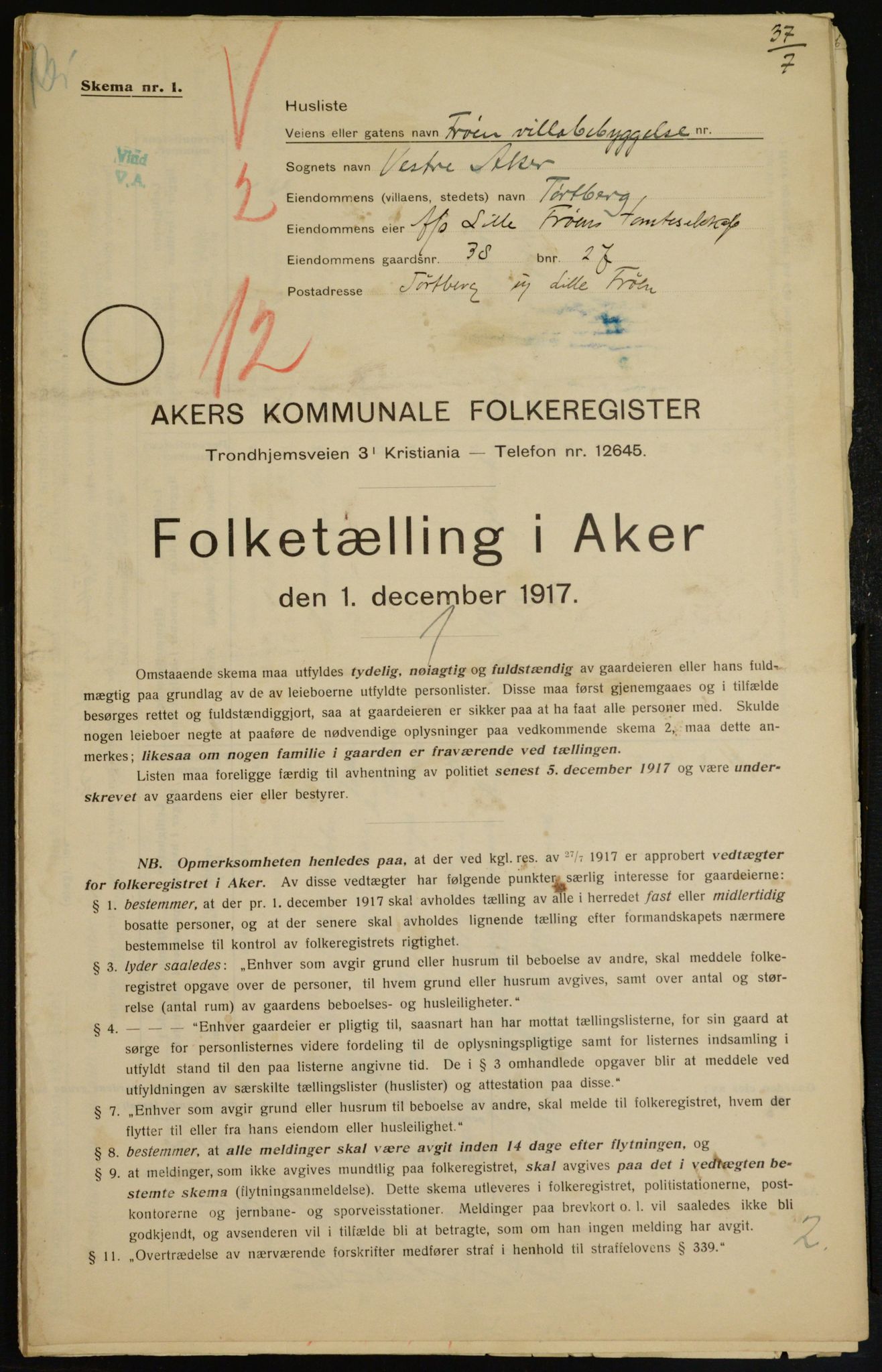 OBA, Kommunal folketelling 1.12.1917 for Aker, 1917, s. 9570