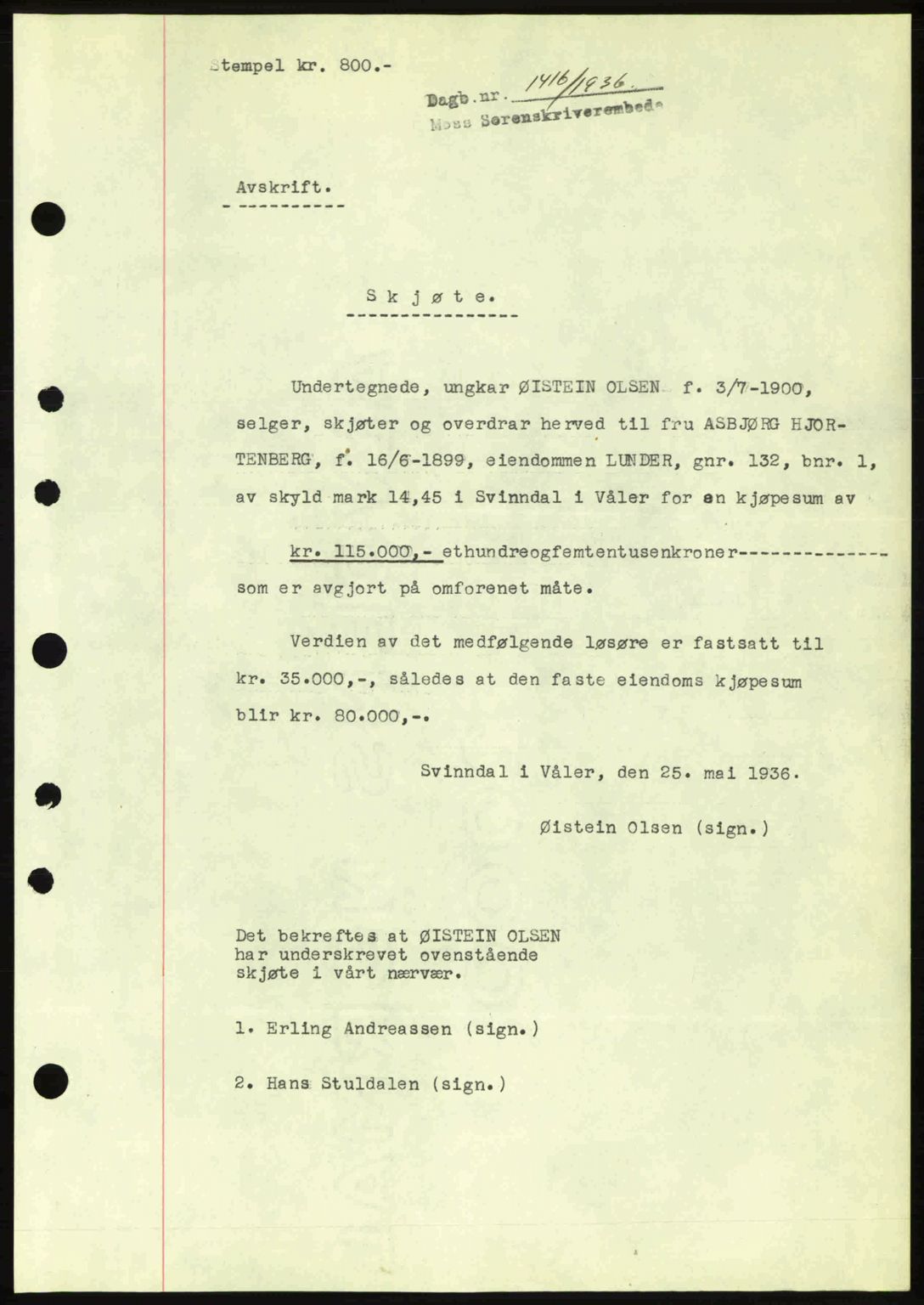 Moss sorenskriveri, SAO/A-10168: Pantebok nr. A1, 1936-1936, Dagboknr: 1416/1936