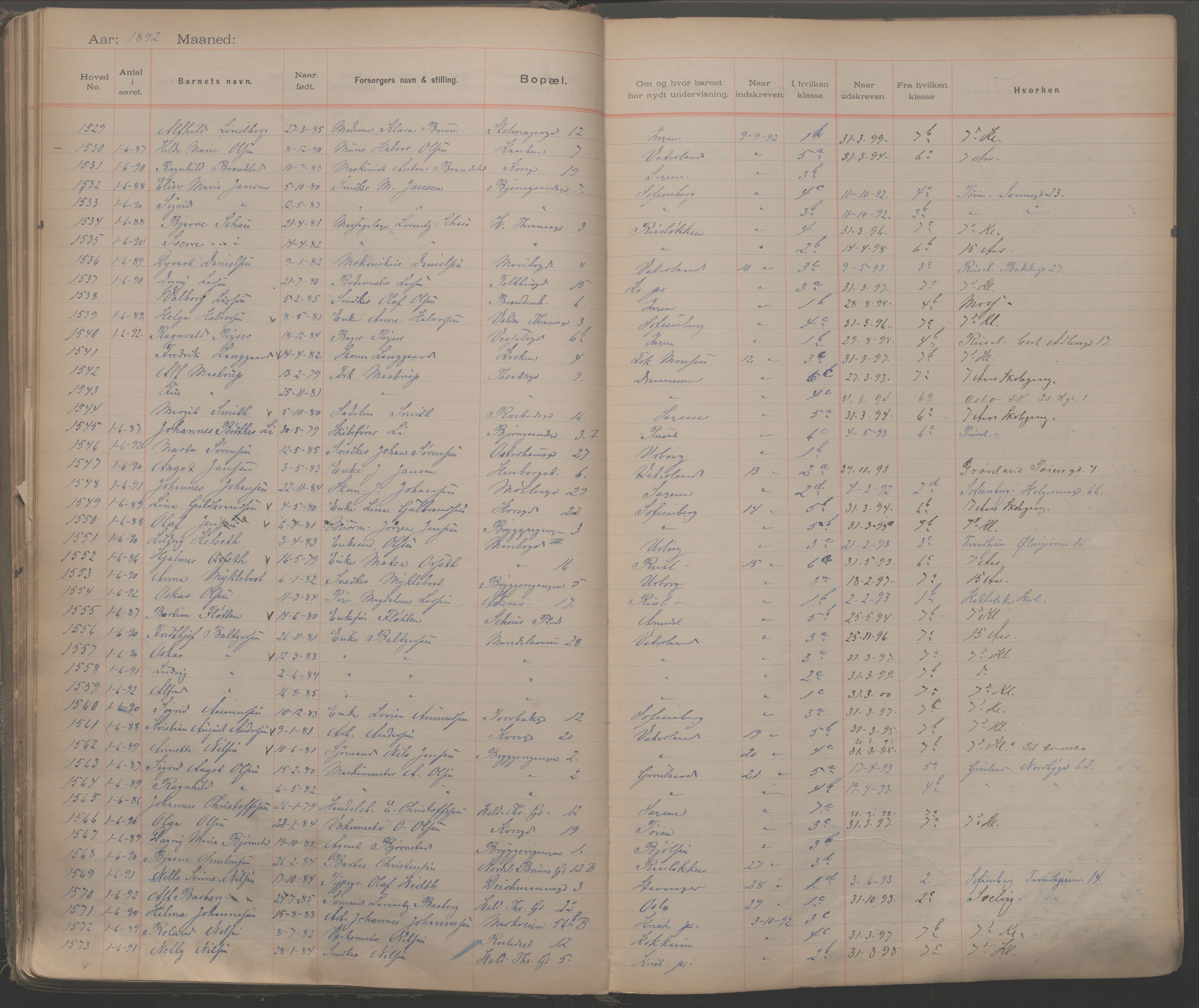 Møllergata skole, OBA/A-20129/F/Fa/L0001: Ut-/innskrivningsprotokoll, 1889-1907, s. 40