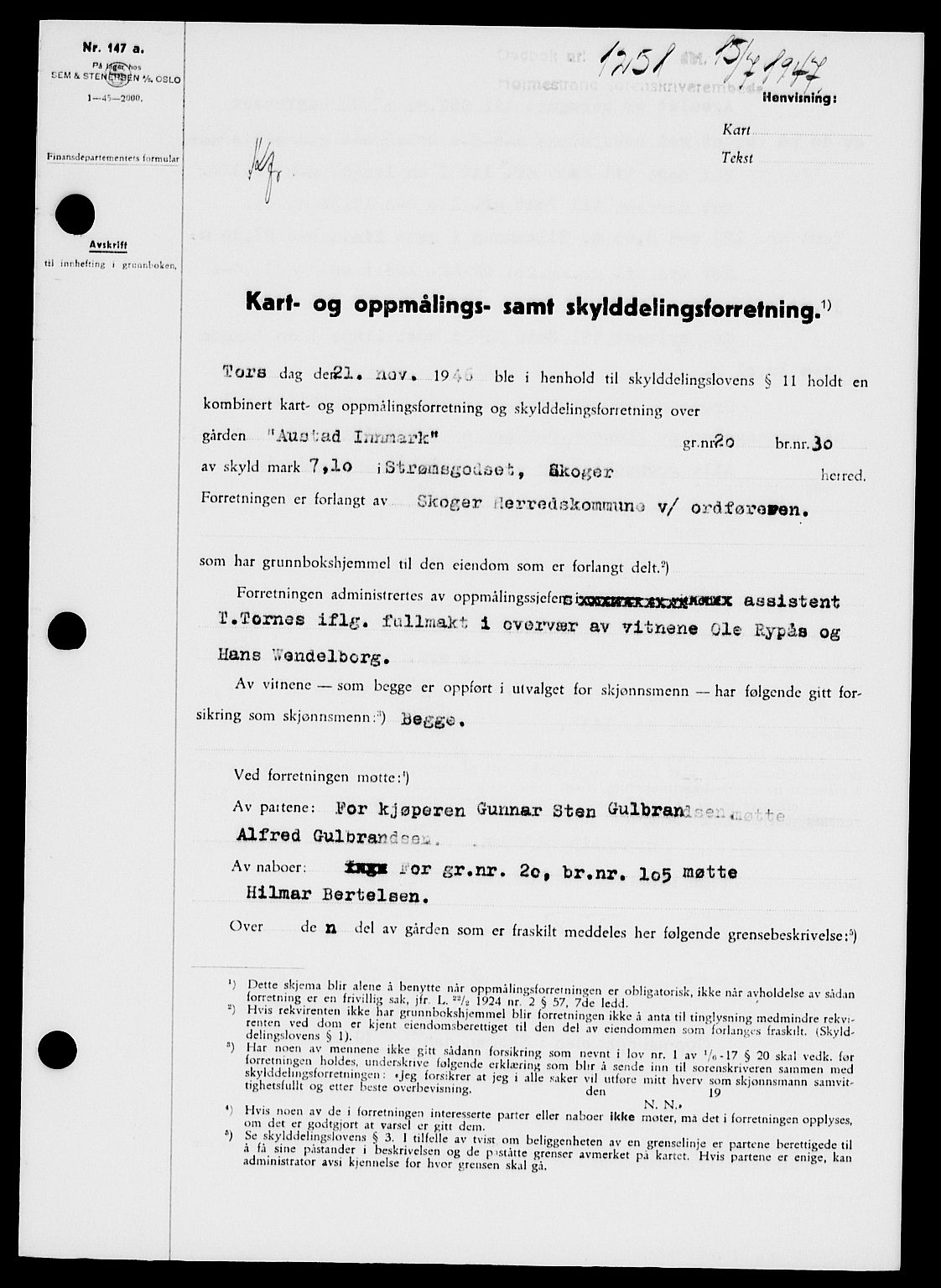 Holmestrand sorenskriveri, SAKO/A-67/G/Ga/Gaa/L0062: Pantebok nr. A-62, 1947-1947, Dagboknr: 1251/1947