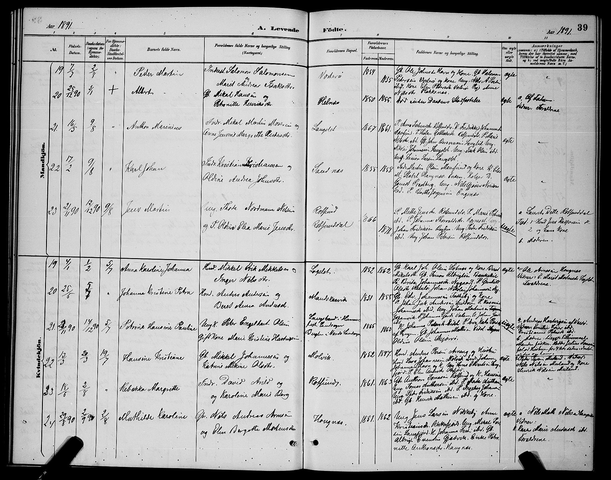 Skjervøy sokneprestkontor, AV/SATØ-S-1300/H/Ha/Hab/L0007klokker: Klokkerbok nr. 7, 1889-1899, s. 39