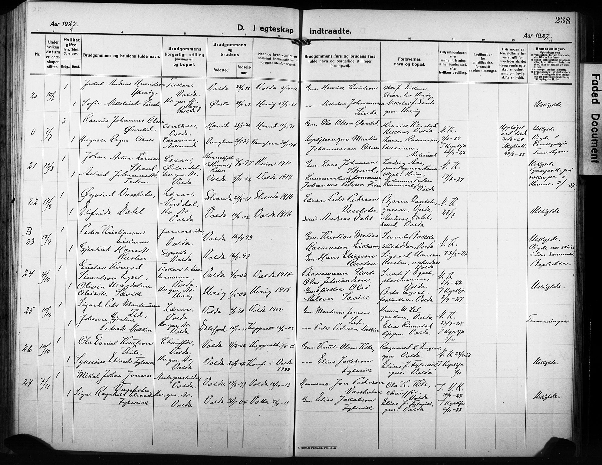 Ministerialprotokoller, klokkerbøker og fødselsregistre - Møre og Romsdal, AV/SAT-A-1454/511/L0160: Klokkerbok nr. 511C06, 1920-1932, s. 238