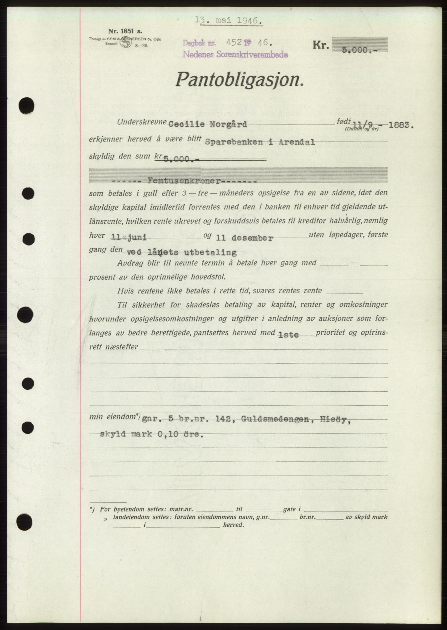 Nedenes sorenskriveri, SAK/1221-0006/G/Gb/Gbb/L0003: Pantebok nr. B3b, 1946-1946, Dagboknr: 452/1946