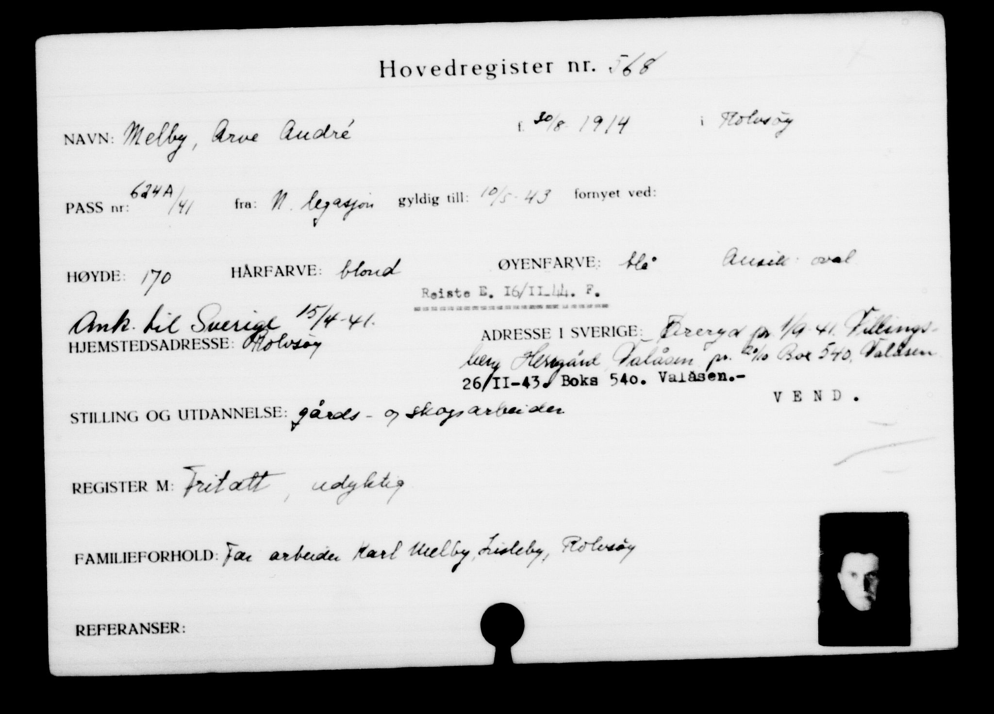 Utenriksstasjonene, Legasjonen i Stockholm, Flyktningkontoret, AV/RA-S-6753/V/Va/L0001: Kjesäterkartoteket, flyktninger med registreringsnr. 1-1000, 1940-1945, s. 883