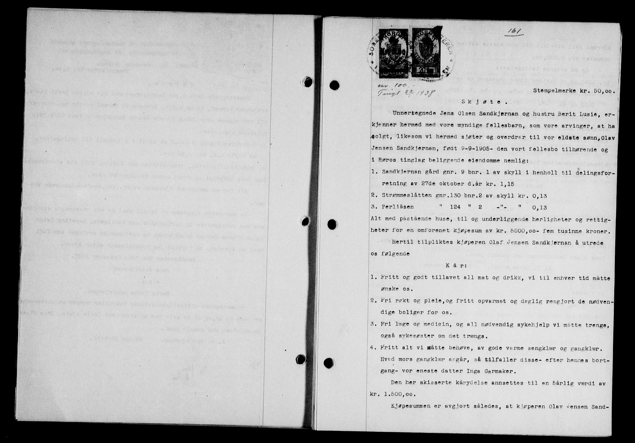 Gauldal sorenskriveri, SAT/A-0014/1/2/2C/L0048: Pantebok nr. 51-52, 1937-1938, s. 161, Dagboknr: 100/1938