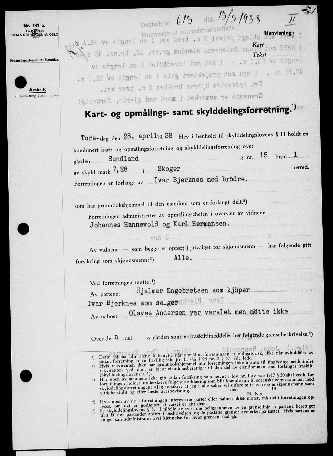 Holmestrand sorenskriveri, SAKO/A-67/G/Ga/Gaa/L0049: Pantebok nr. A-49, 1937-1938, Dagboknr: 613/1938