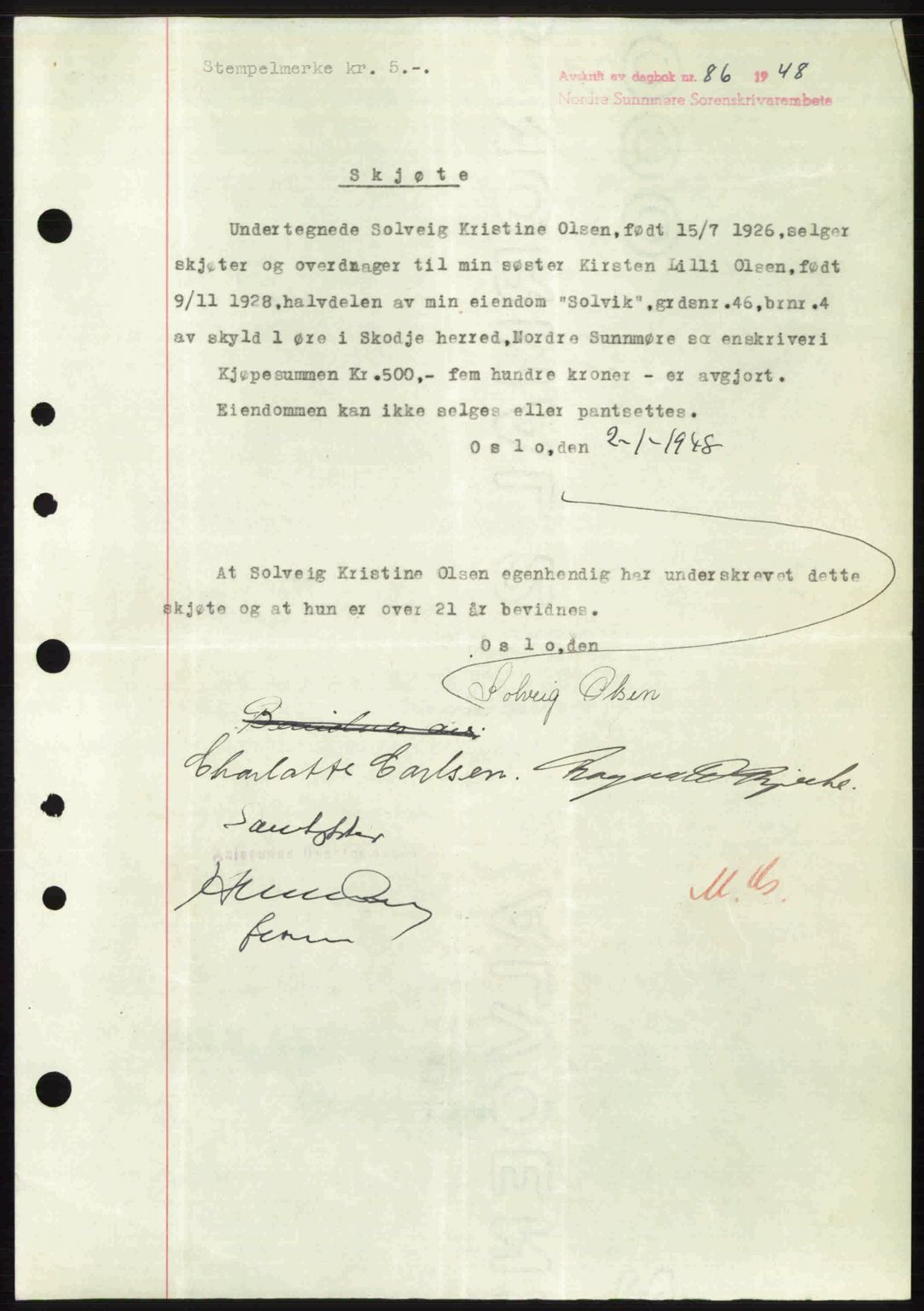 Nordre Sunnmøre sorenskriveri, AV/SAT-A-0006/1/2/2C/2Ca: Pantebok nr. A26, 1947-1948, Dagboknr: 86/1948