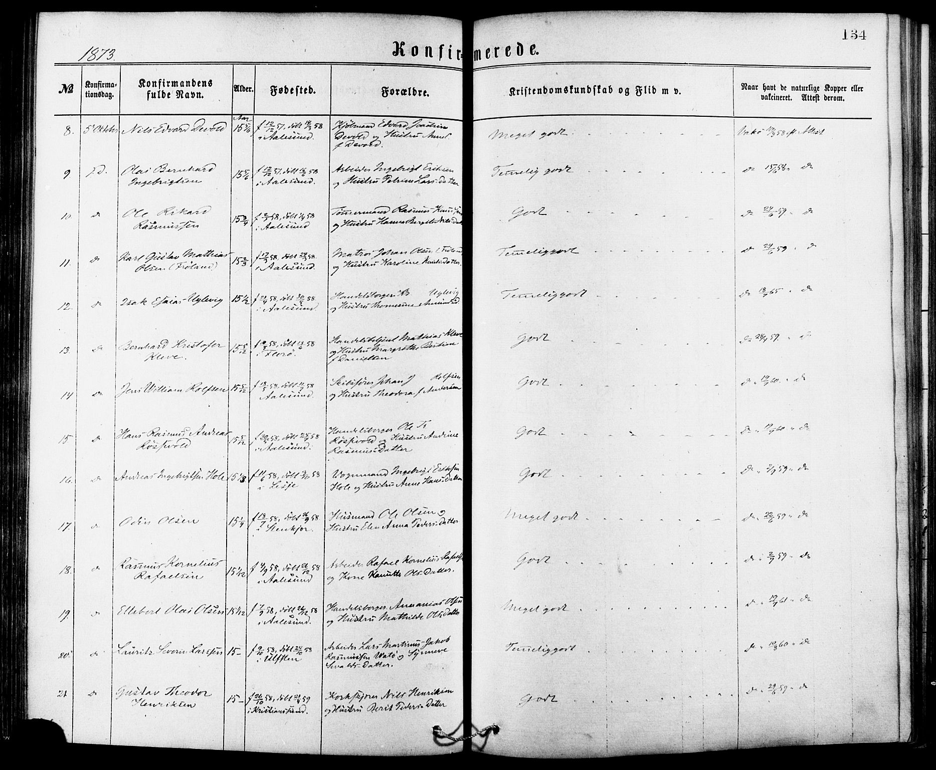 Ministerialprotokoller, klokkerbøker og fødselsregistre - Møre og Romsdal, AV/SAT-A-1454/529/L0453: Ministerialbok nr. 529A03, 1872-1877, s. 134