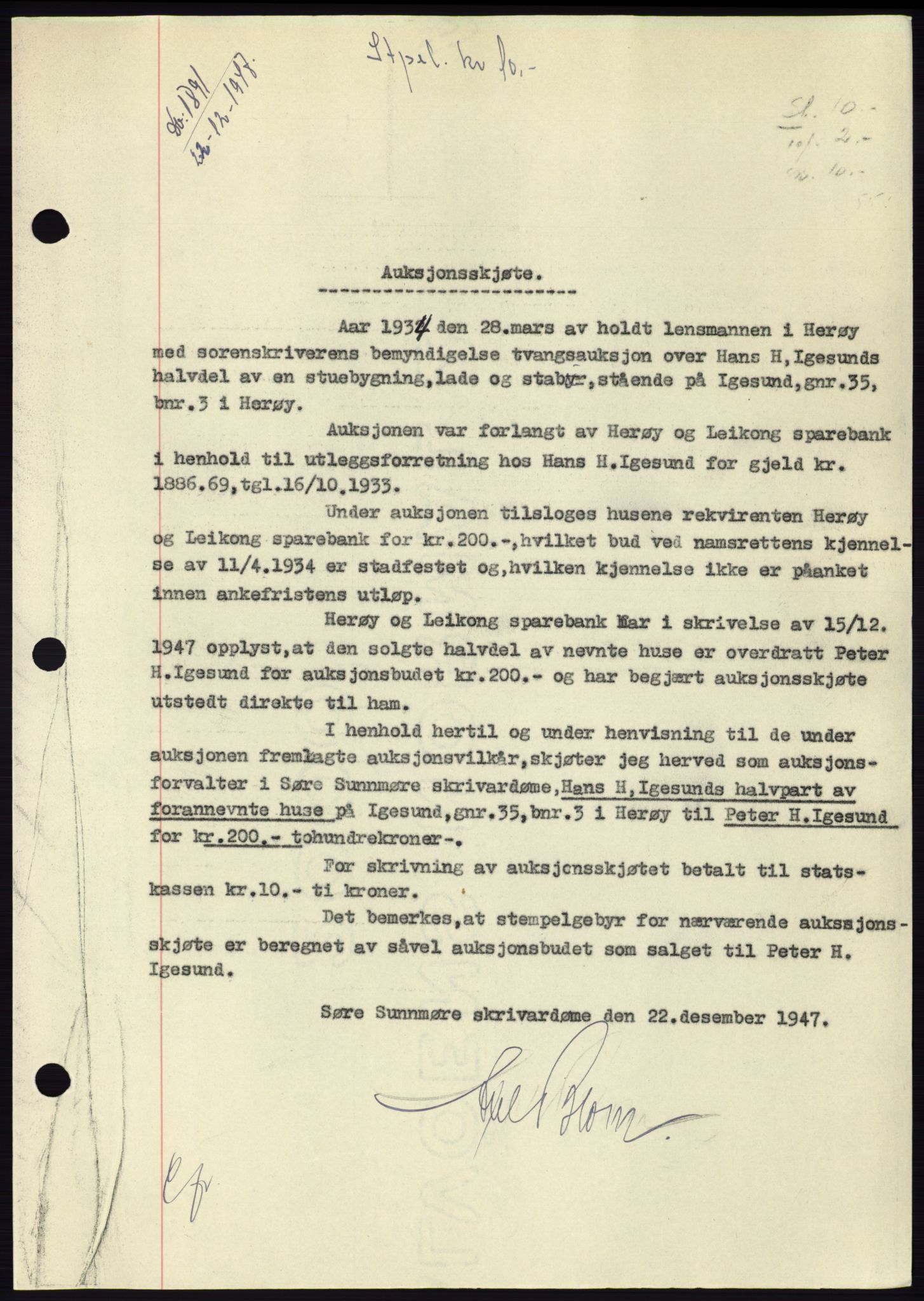 Søre Sunnmøre sorenskriveri, SAT/A-4122/1/2/2C/L0081: Pantebok nr. 7A, 1947-1948, Dagboknr: 1891/1947