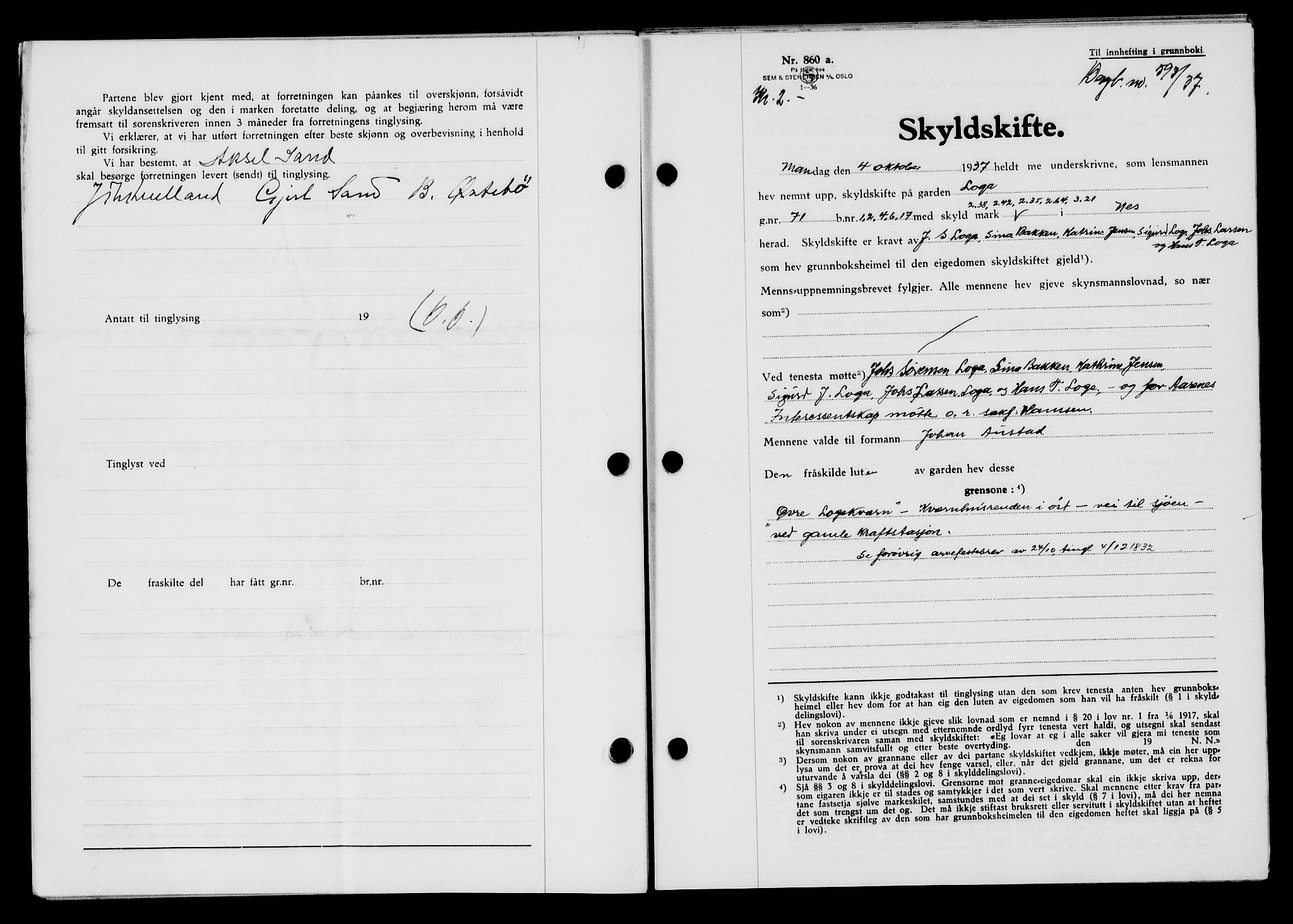 Flekkefjord sorenskriveri, SAK/1221-0001/G/Gb/Gba/L0054: Pantebok nr. A-2, 1937-1938, Dagboknr: 593/1937