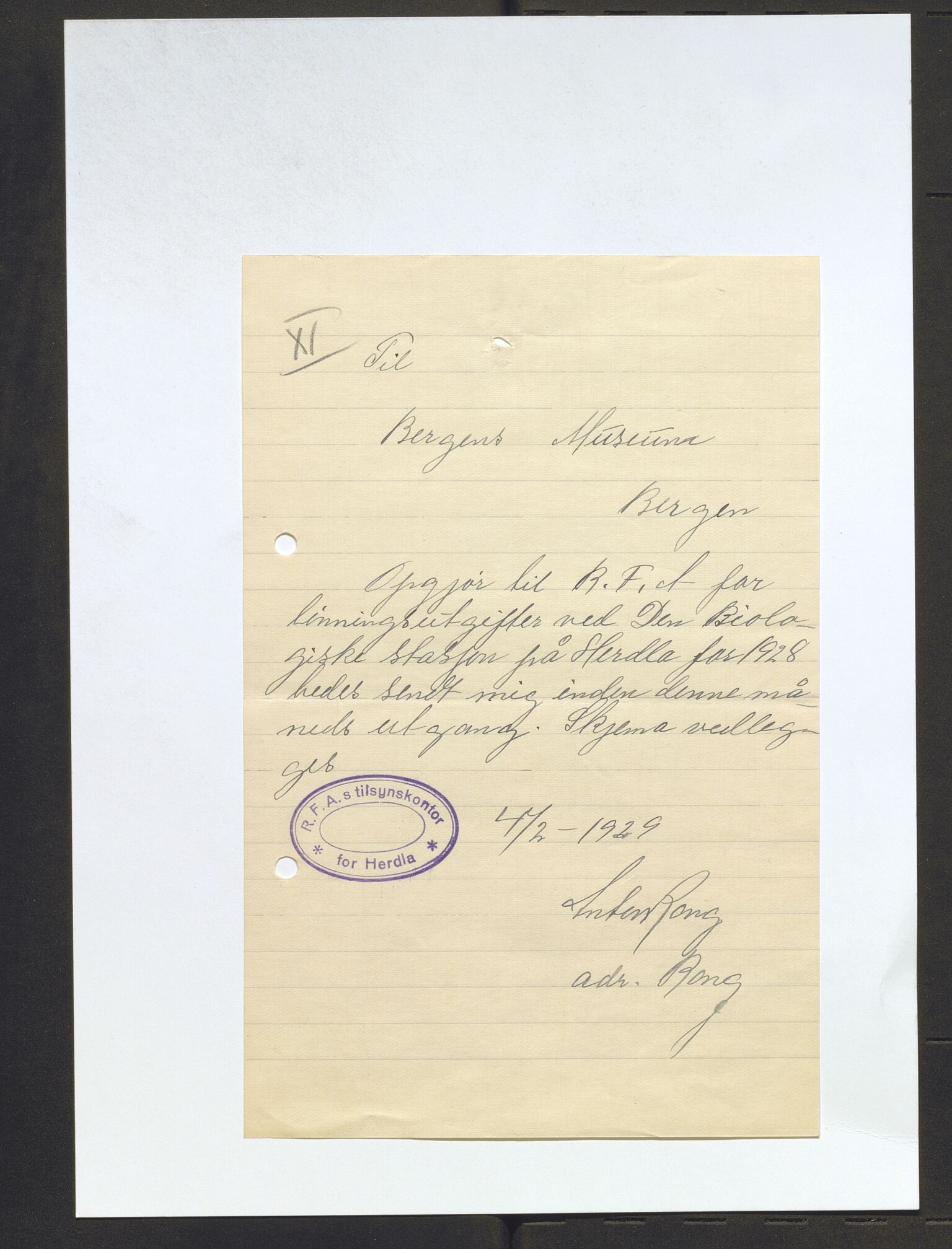 Bergens Museum, AV/SAB-A-17301/13/D/L0002: Korrespondanse , 1928-1940, s. 190