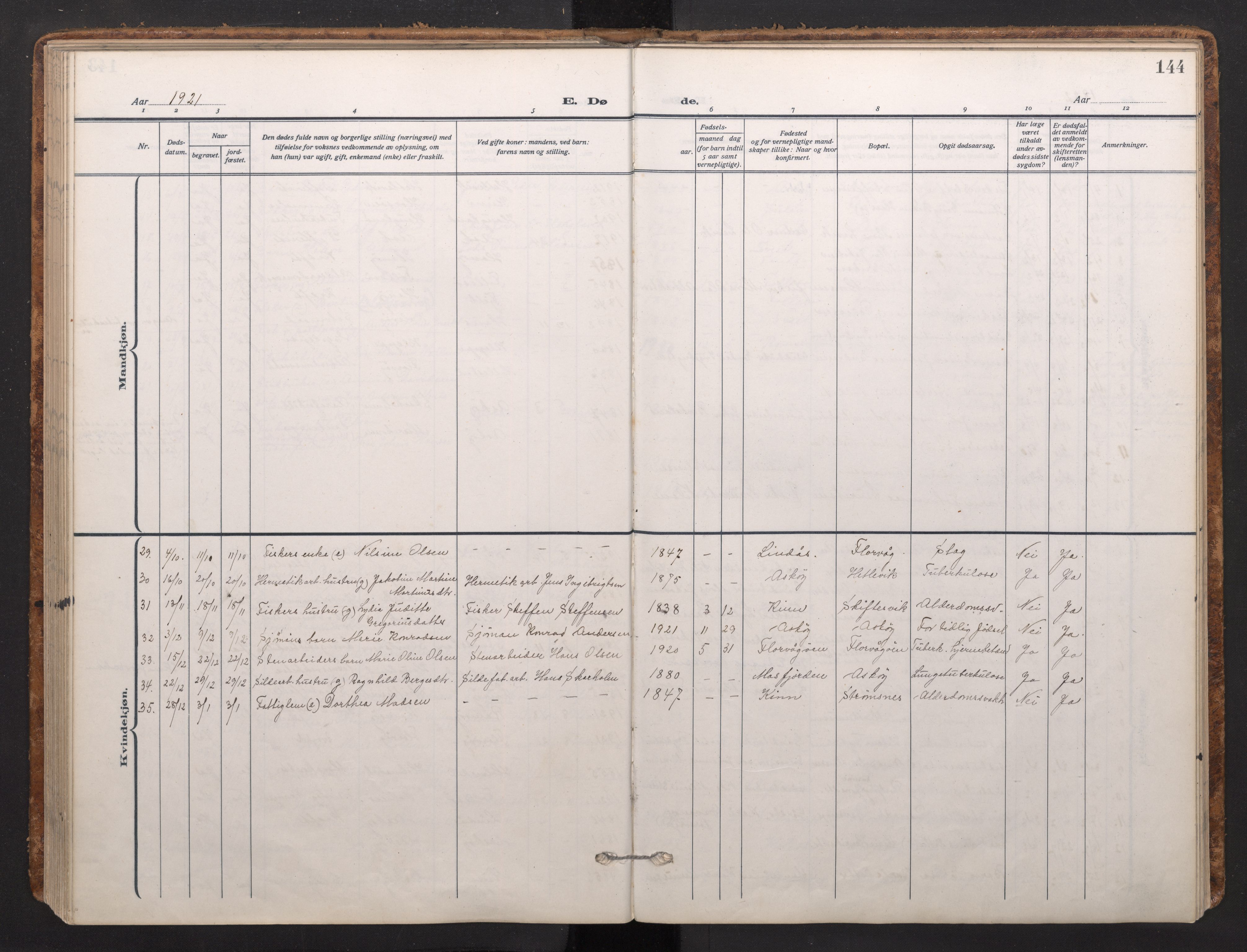 Askøy Sokneprestembete, AV/SAB-A-74101/H/Ha/Haa/Haad/L0002: Ministerialbok nr. D 2, 1915-1935, s. 144