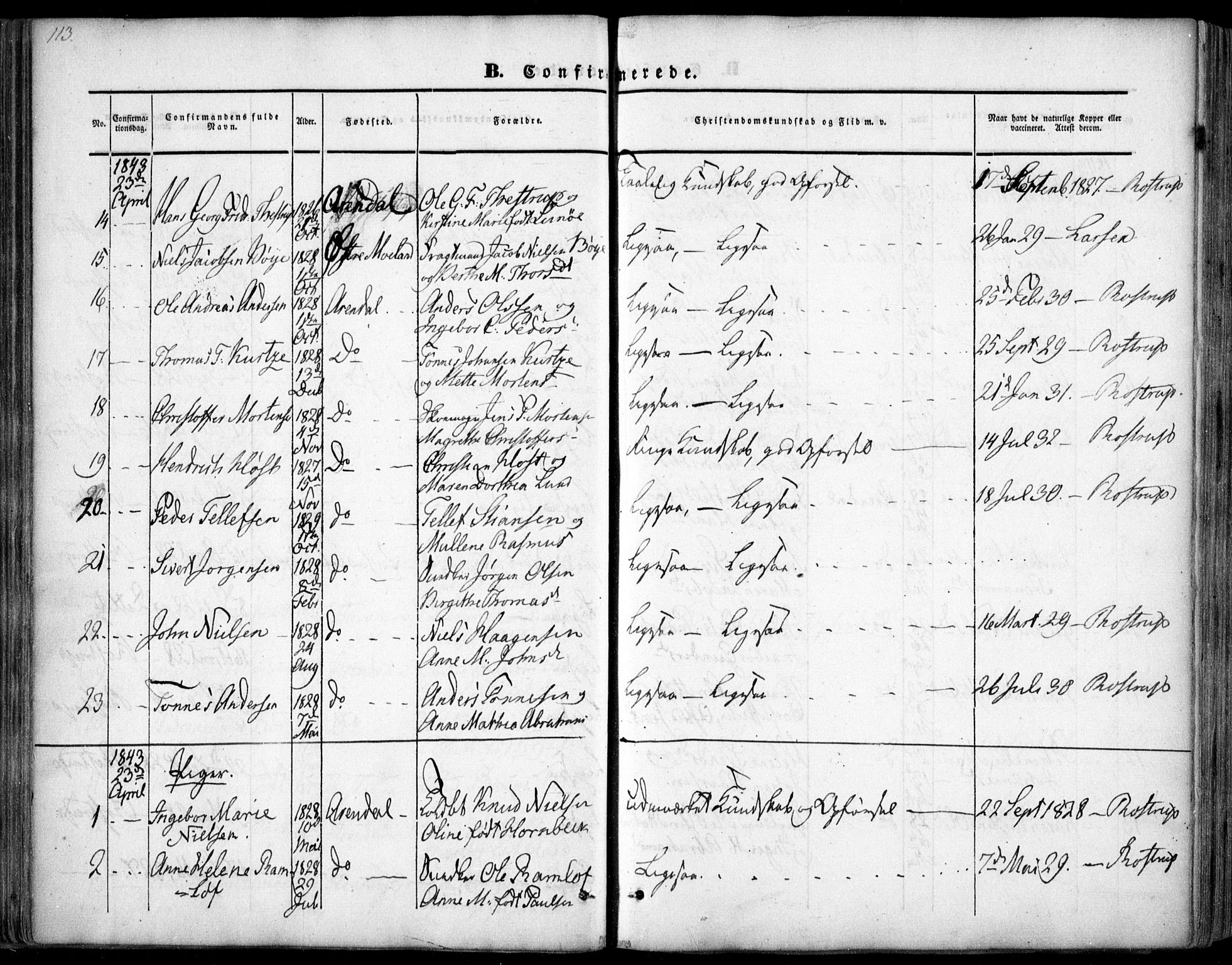 Arendal sokneprestkontor, Trefoldighet, AV/SAK-1111-0040/F/Fa/L0005: Ministerialbok nr. A 5, 1838-1854, s. 113