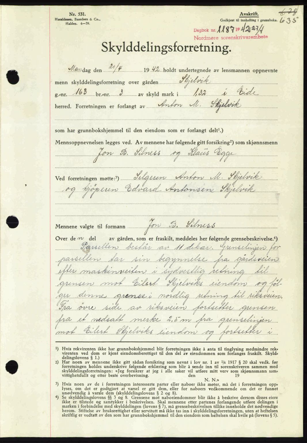 Nordmøre sorenskriveri, SAT/A-4132/1/2/2Ca: Pantebok nr. A92, 1942-1942, Dagboknr: 1187/1942
