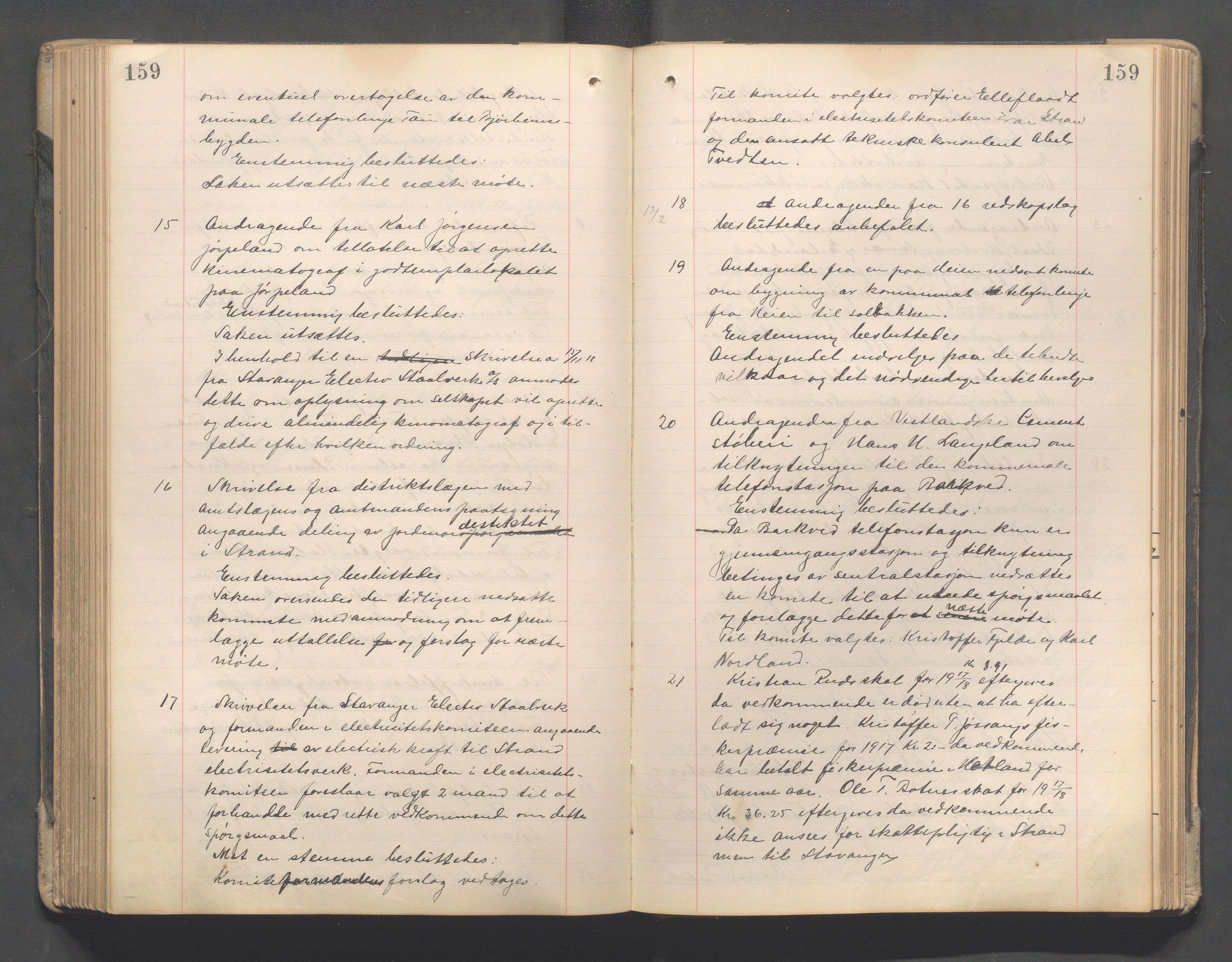 Strand kommune - Formannskapet/Rådmannskontoret, IKAR/A-104/A/Aa/Aaa/L0004: Møtebok, 1913-1921, s. 159