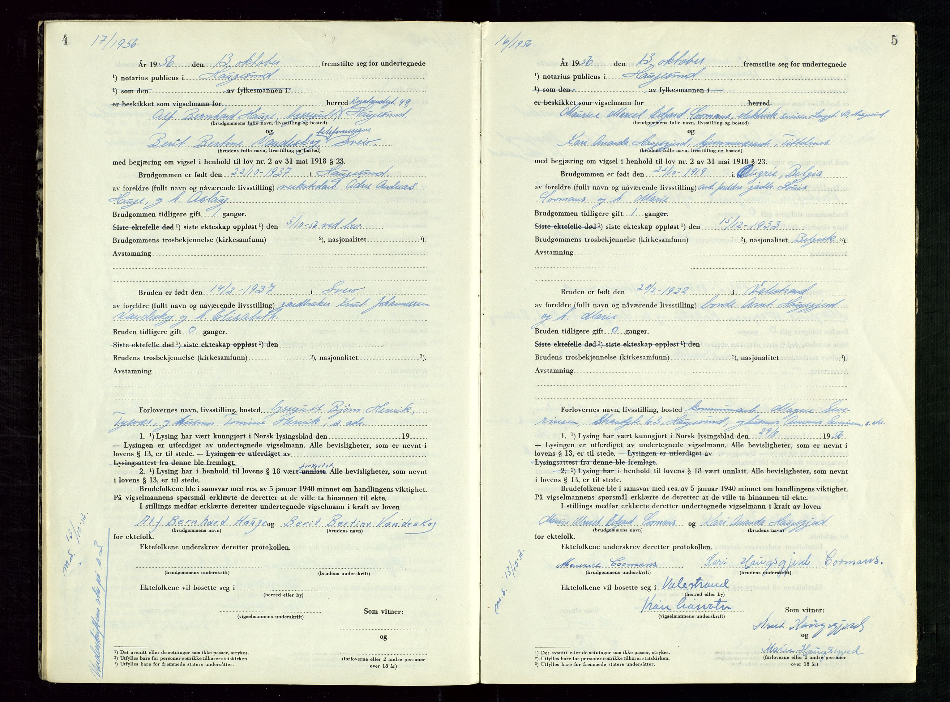 Haugesund tingrett, AV/SAST-A-101415/01/III/IIID/L0007: Vigselbok, 1956-1964, s. 4-5