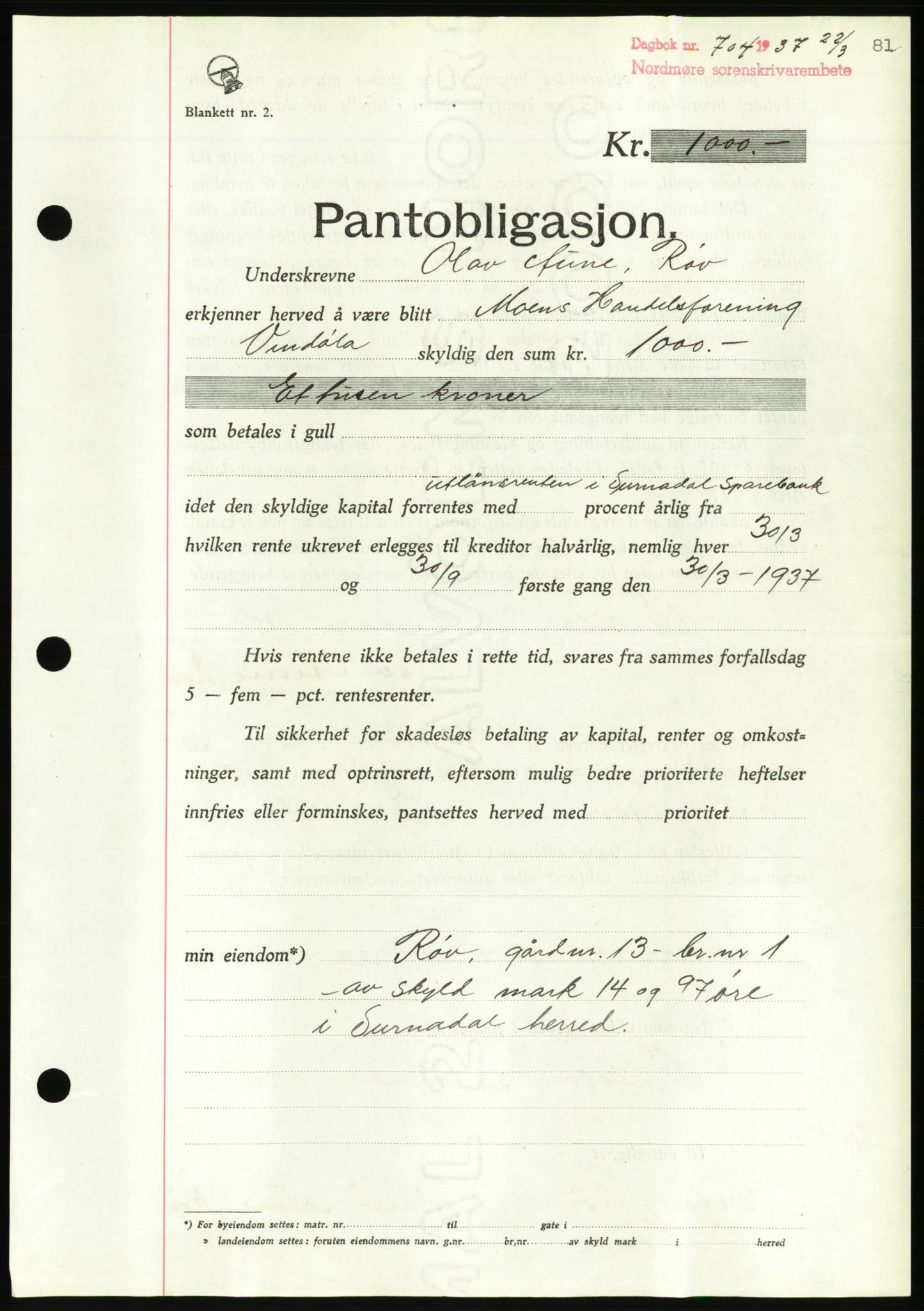 Nordmøre sorenskriveri, AV/SAT-A-4132/1/2/2Ca/L0091: Pantebok nr. B81, 1937-1937, Dagboknr: 704/1937