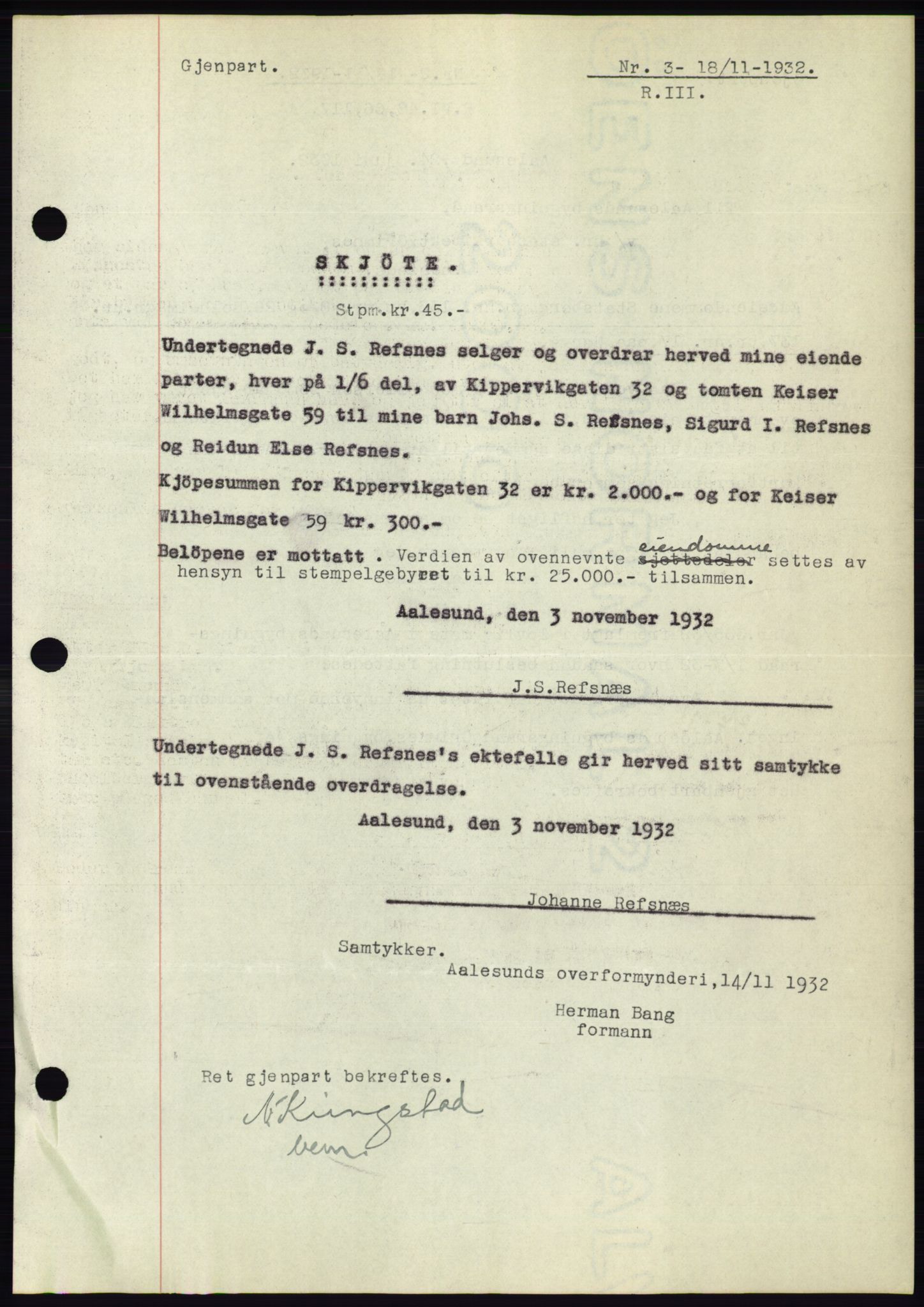 Ålesund byfogd, SAT/A-4384: Pantebok nr. 30, 1932-1933, Tingl.dato: 18.11.1932