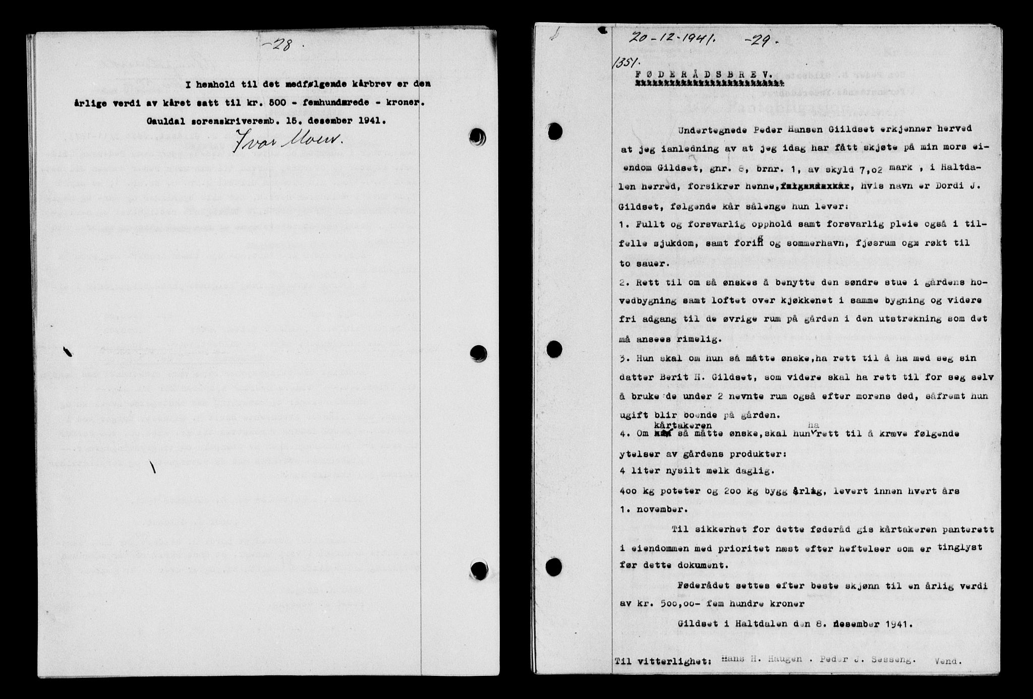 Gauldal sorenskriveri, SAT/A-0014/1/2/2C/L0054: Pantebok nr. 59, 1941-1942, Dagboknr: 1351/1941