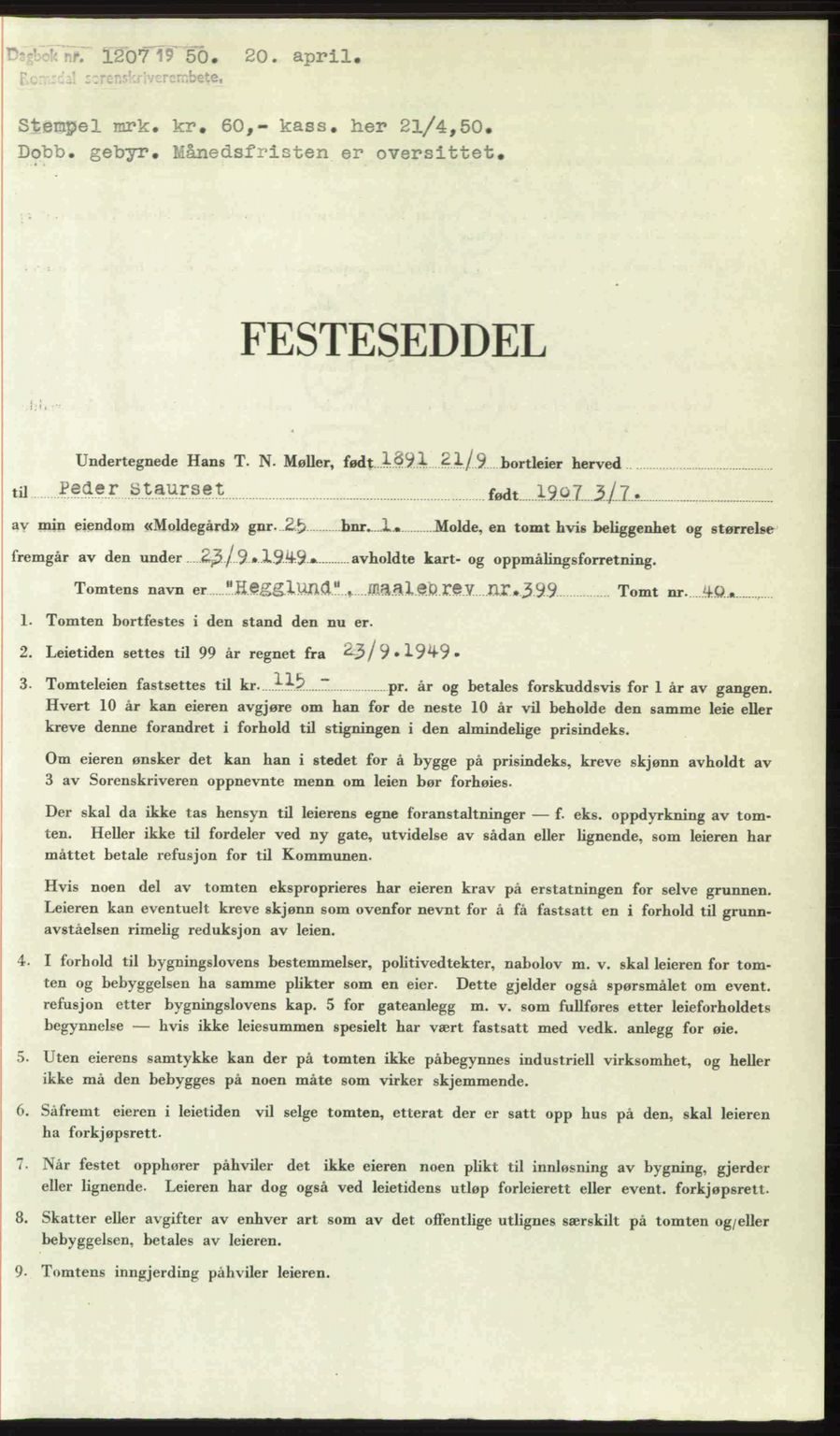 Romsdal sorenskriveri, SAT/A-4149/1/2/2C: Pantebok nr. A33, 1950-1950, Dagboknr: 1207/1950
