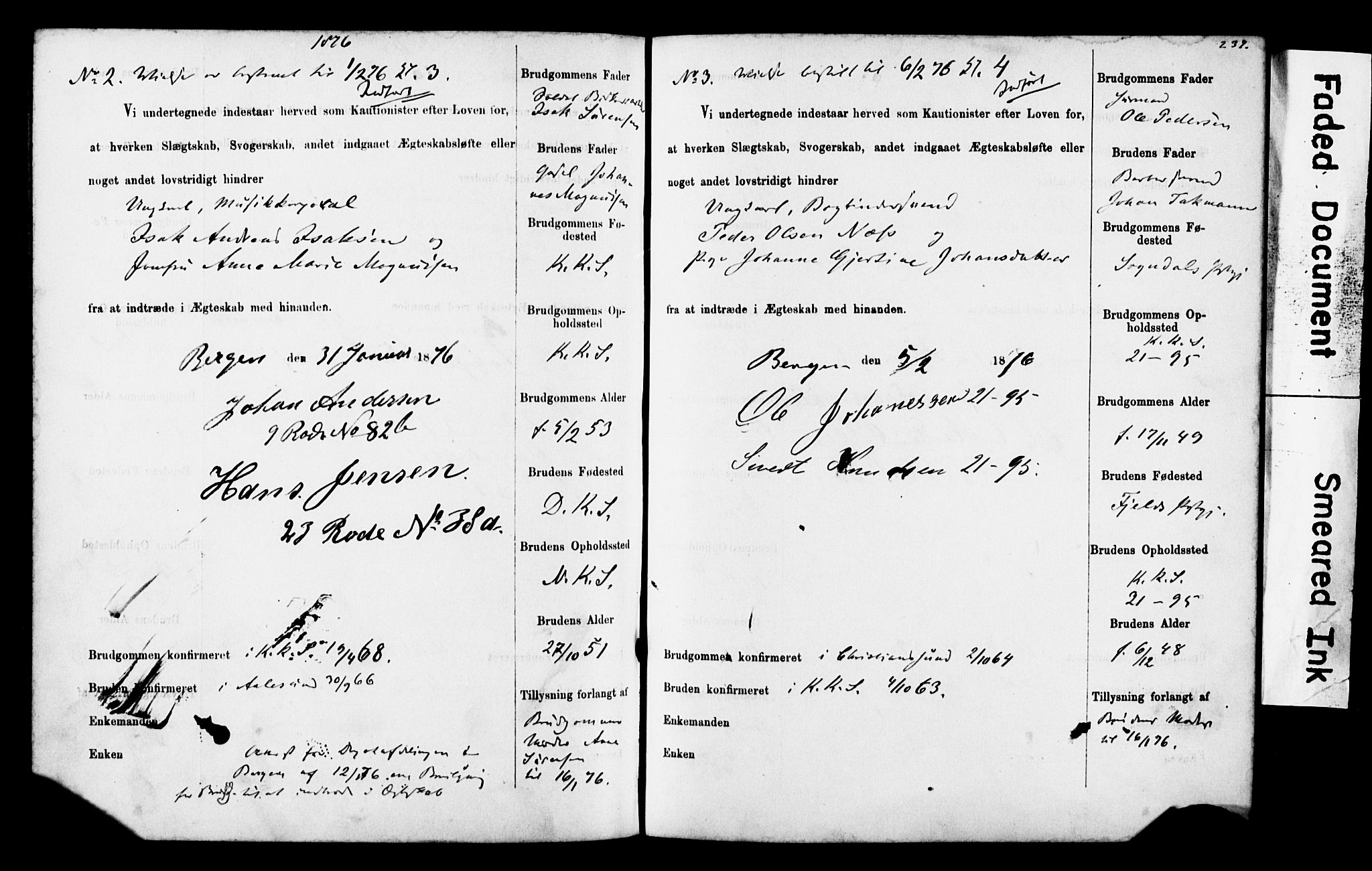 Korskirken sokneprestembete, SAB/A-76101: Forlovererklæringer nr. II.5.4, 1871-1878, s. 237