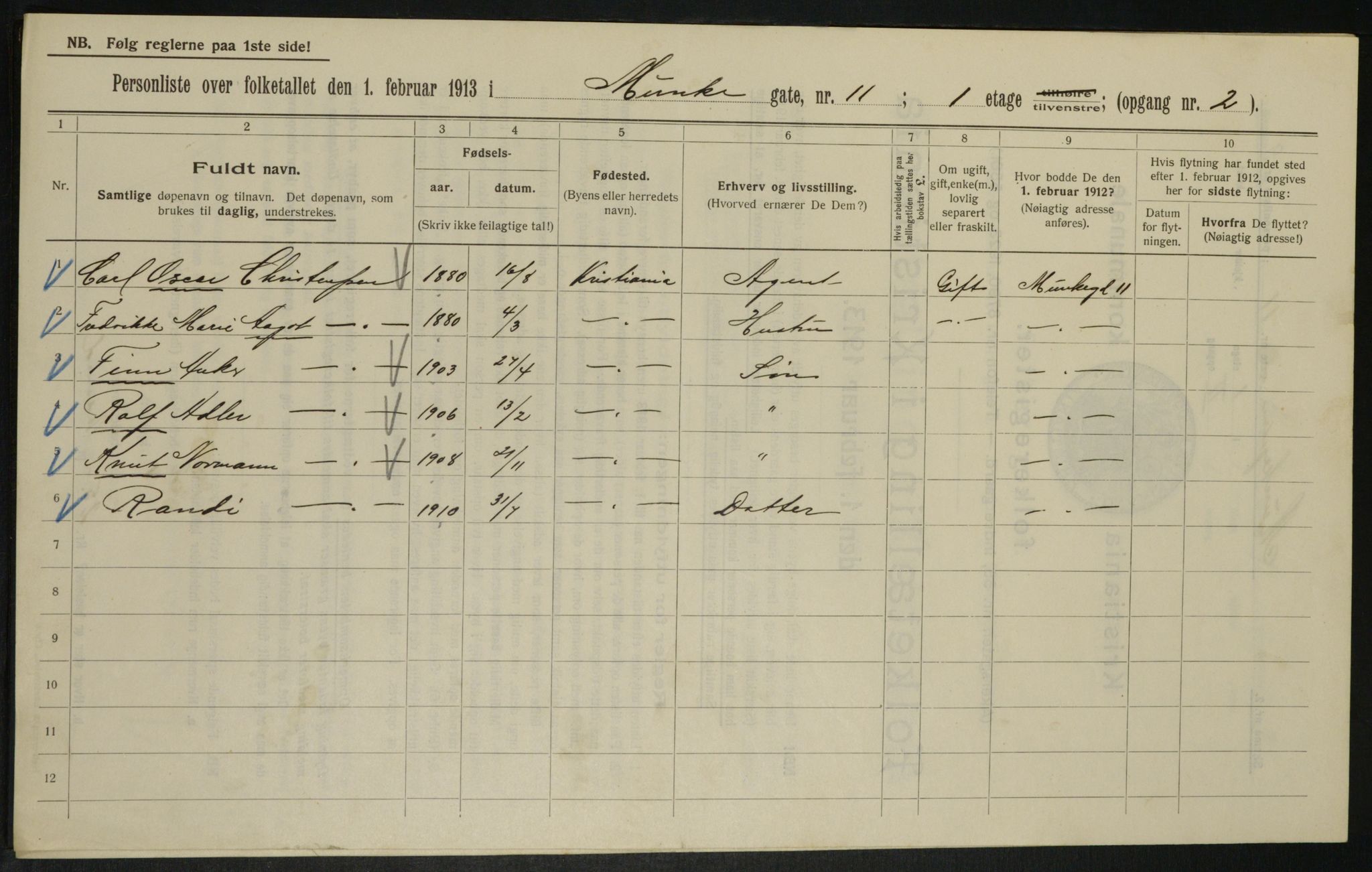 OBA, Kommunal folketelling 1.2.1913 for Kristiania, 1913, s. 68053