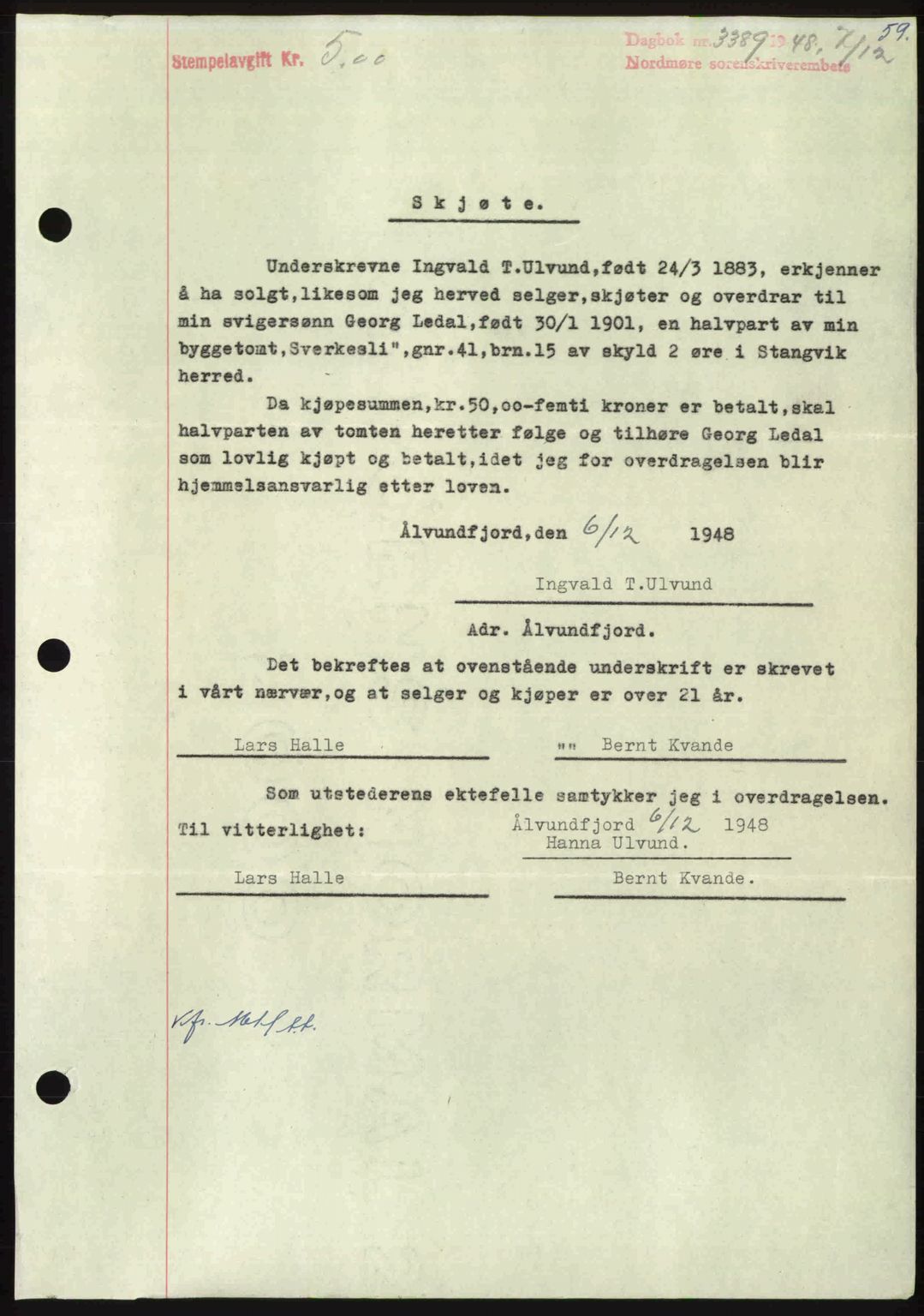 Nordmøre sorenskriveri, SAT/A-4132/1/2/2Ca: Pantebok nr. A110, 1948-1949, Dagboknr: 3389/1948