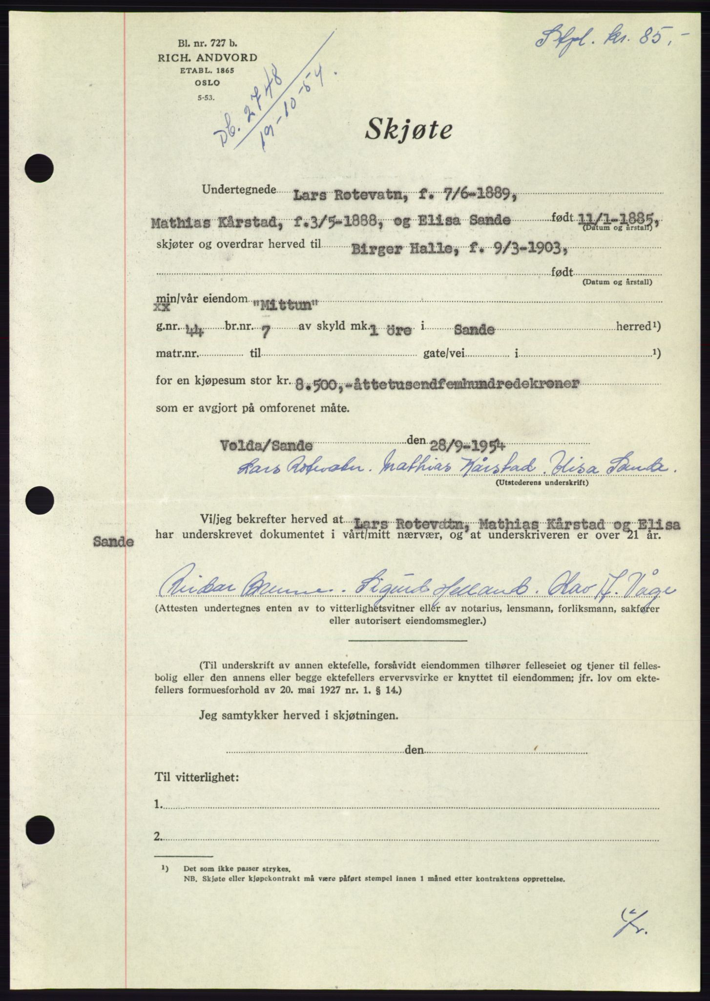 Søre Sunnmøre sorenskriveri, AV/SAT-A-4122/1/2/2C/L0099: Pantebok nr. 25A, 1954-1954, Dagboknr: 2748/1954