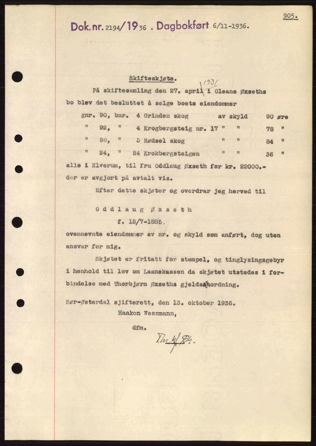 Sør-Østerdal sorenskriveri, SAH/TING-018/H/Hb/Hbb/L0054: Pantebok nr. A54, 1936-1936, Dagboknr: 2194/1936