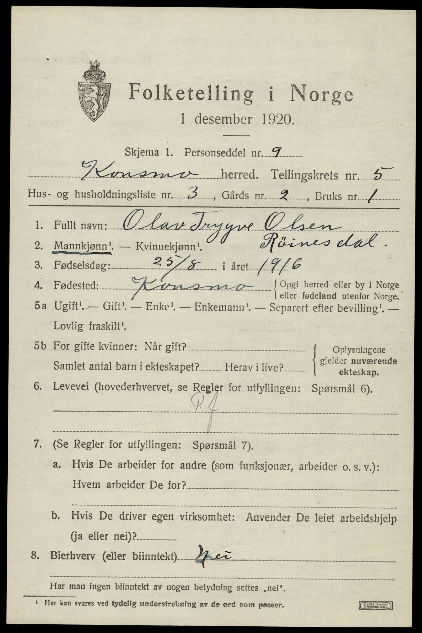 SAK, Folketelling 1920 for 1027 Konsmo herred, 1920, s. 1308