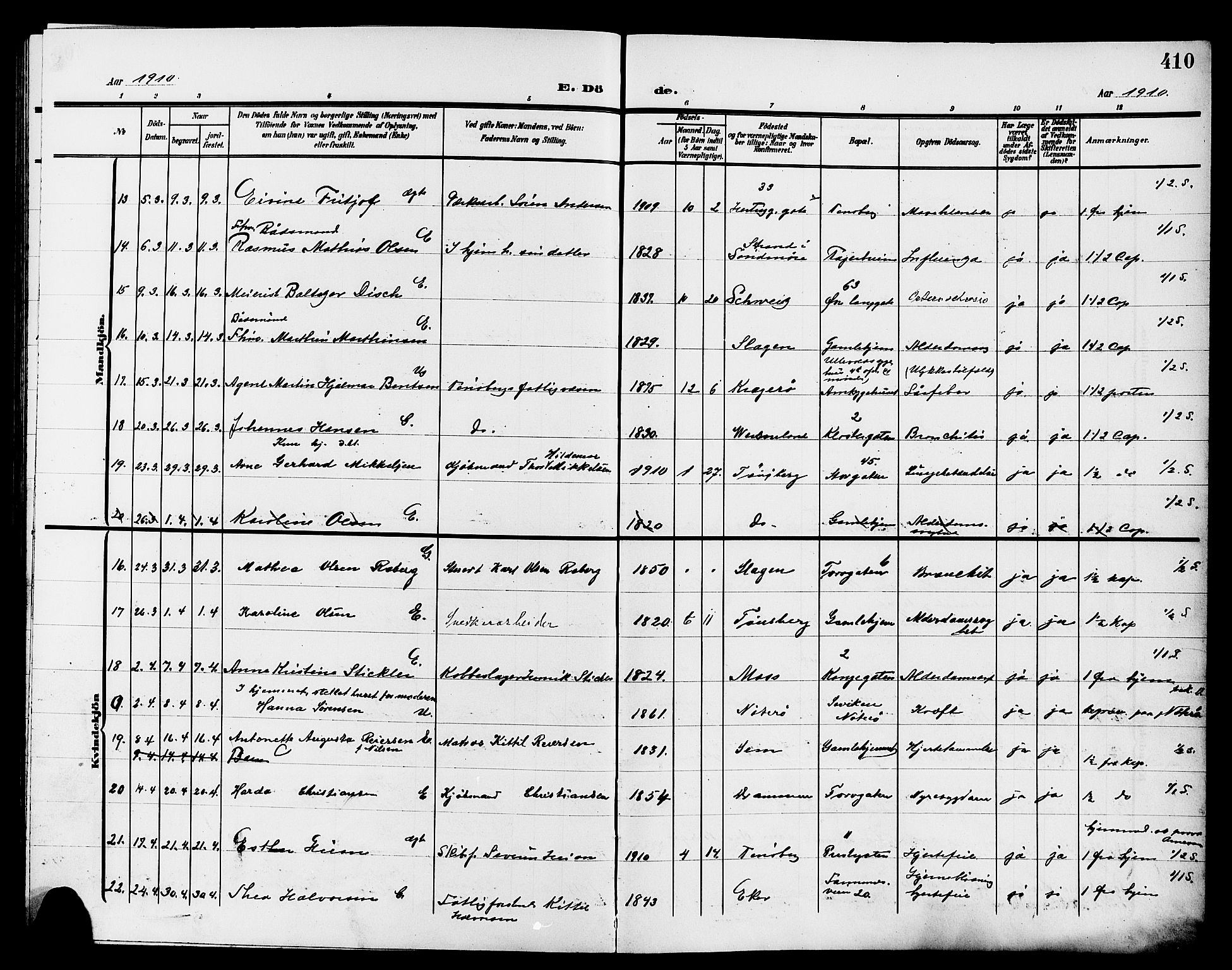 Tønsberg kirkebøker, AV/SAKO-A-330/G/Ga/L0008: Klokkerbok nr. 8, 1905-1912, s. 410