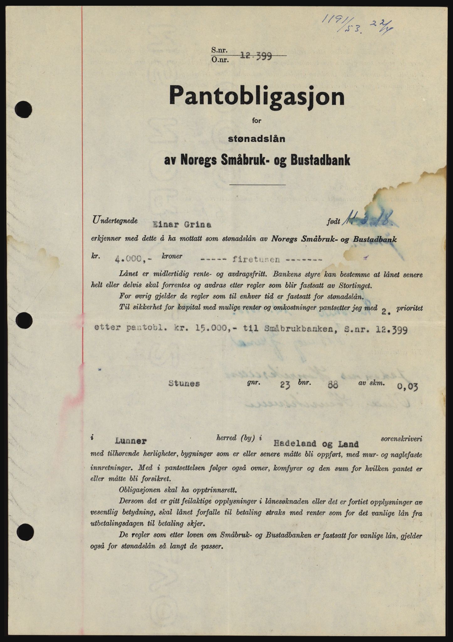 Hadeland og Land tingrett, SAH/TING-010/H/Hb/Hbc/L0026: Pantebok nr. B26, 1953-1953, Dagboknr: 1191/1953