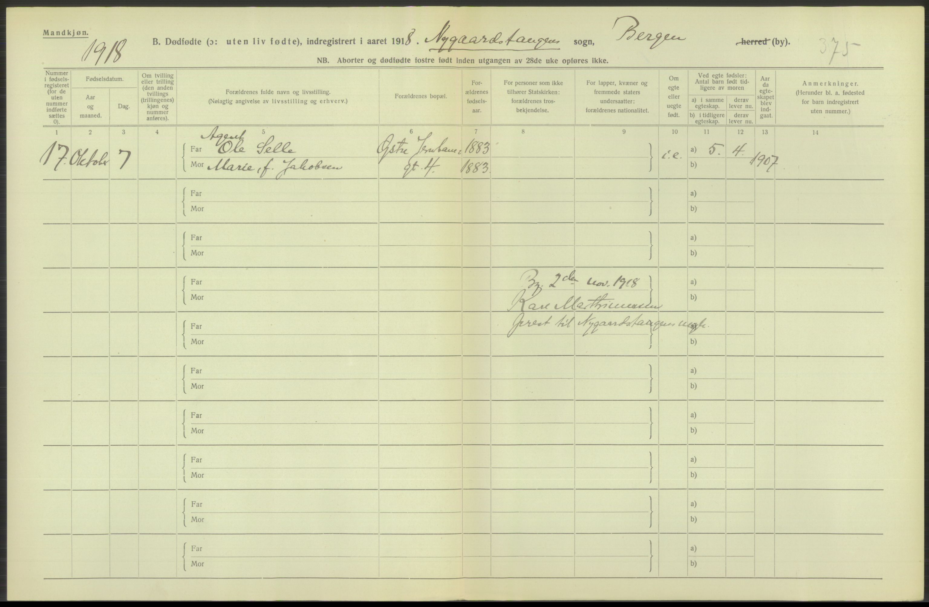 Statistisk sentralbyrå, Sosiodemografiske emner, Befolkning, AV/RA-S-2228/D/Df/Dfb/Dfbh/L0038: Bergen: Gifte, dødfødte., 1918, s. 318