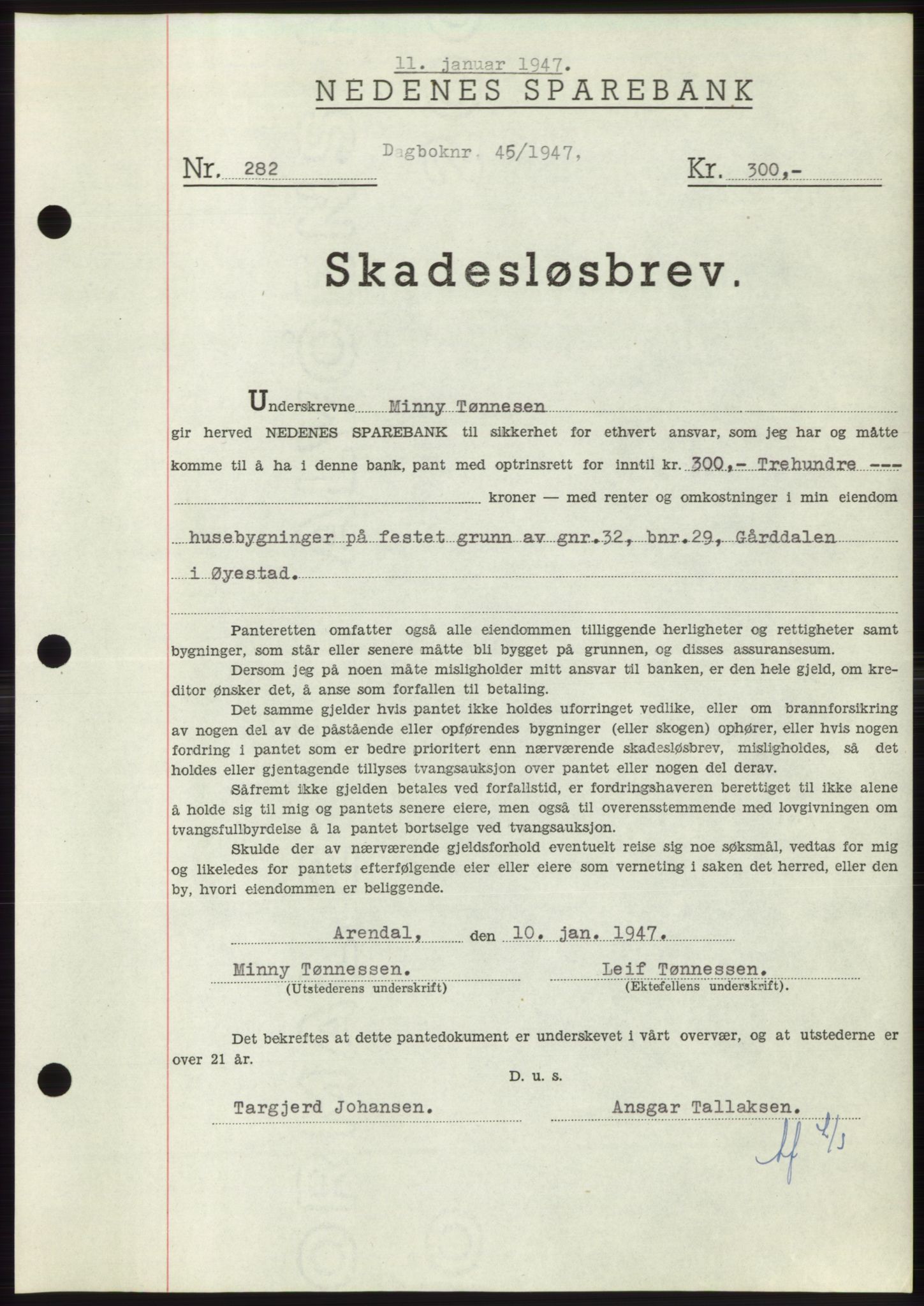 Nedenes sorenskriveri, SAK/1221-0006/G/Gb/Gbb/L0004: Pantebok nr. B4, 1947-1947, Dagboknr: 45/1947