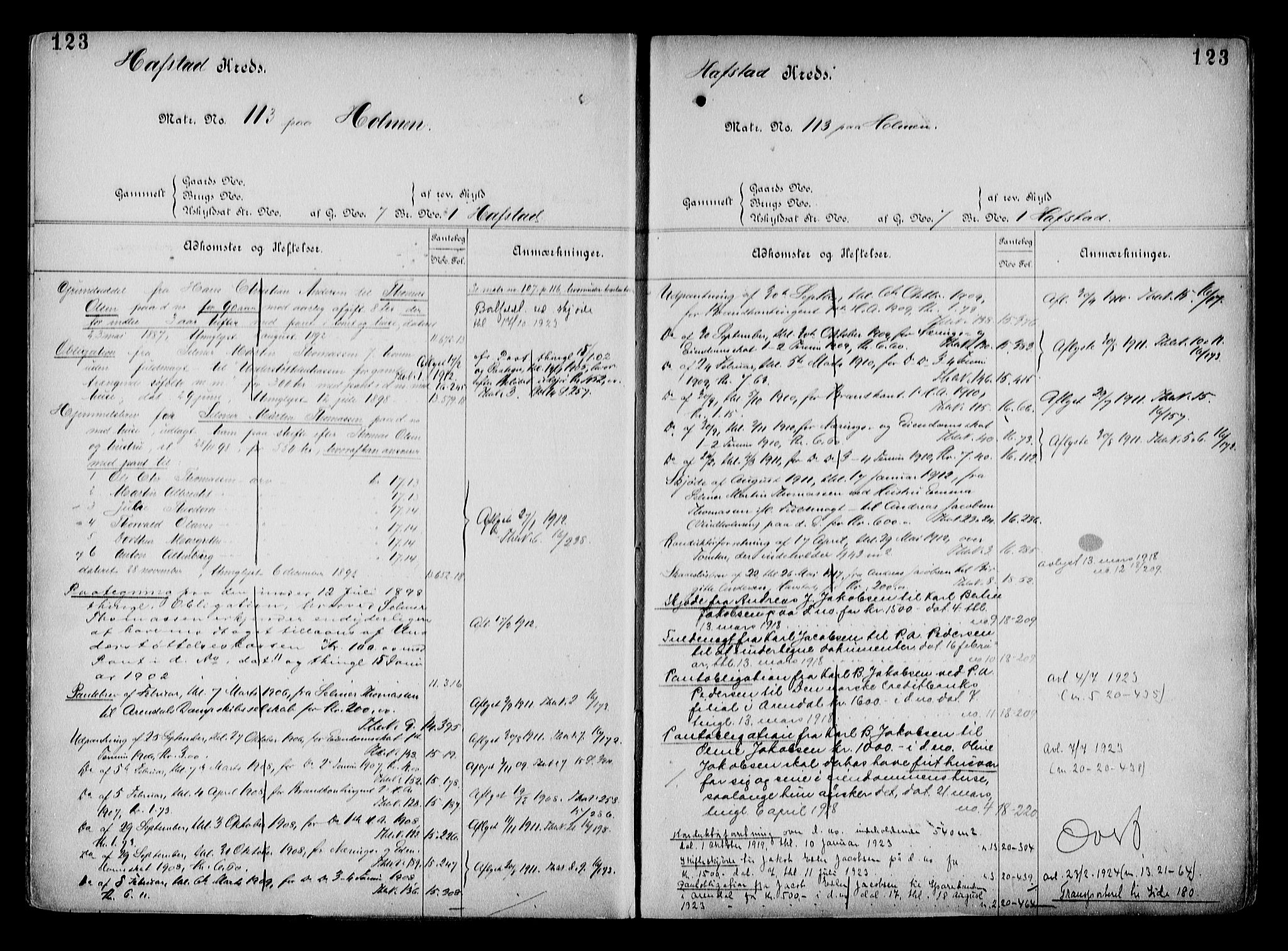 Arendal byfogd, AV/SAK-1222-0001/G/Ga/L0015: Panteregister nr. 13, 1860-1960, s. 123