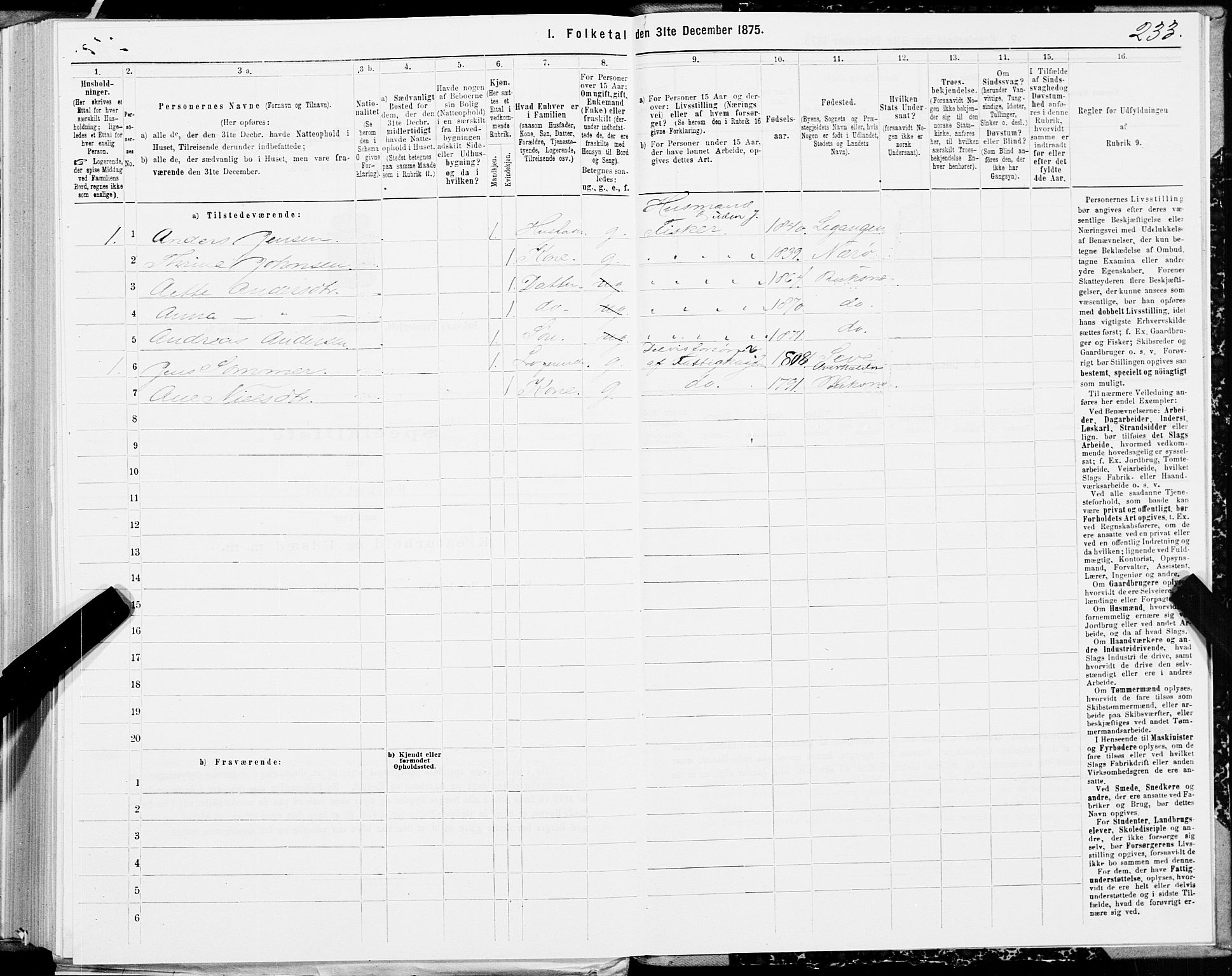 SAT, Folketelling 1875 for 1860P Buksnes prestegjeld, 1875, s. 1233